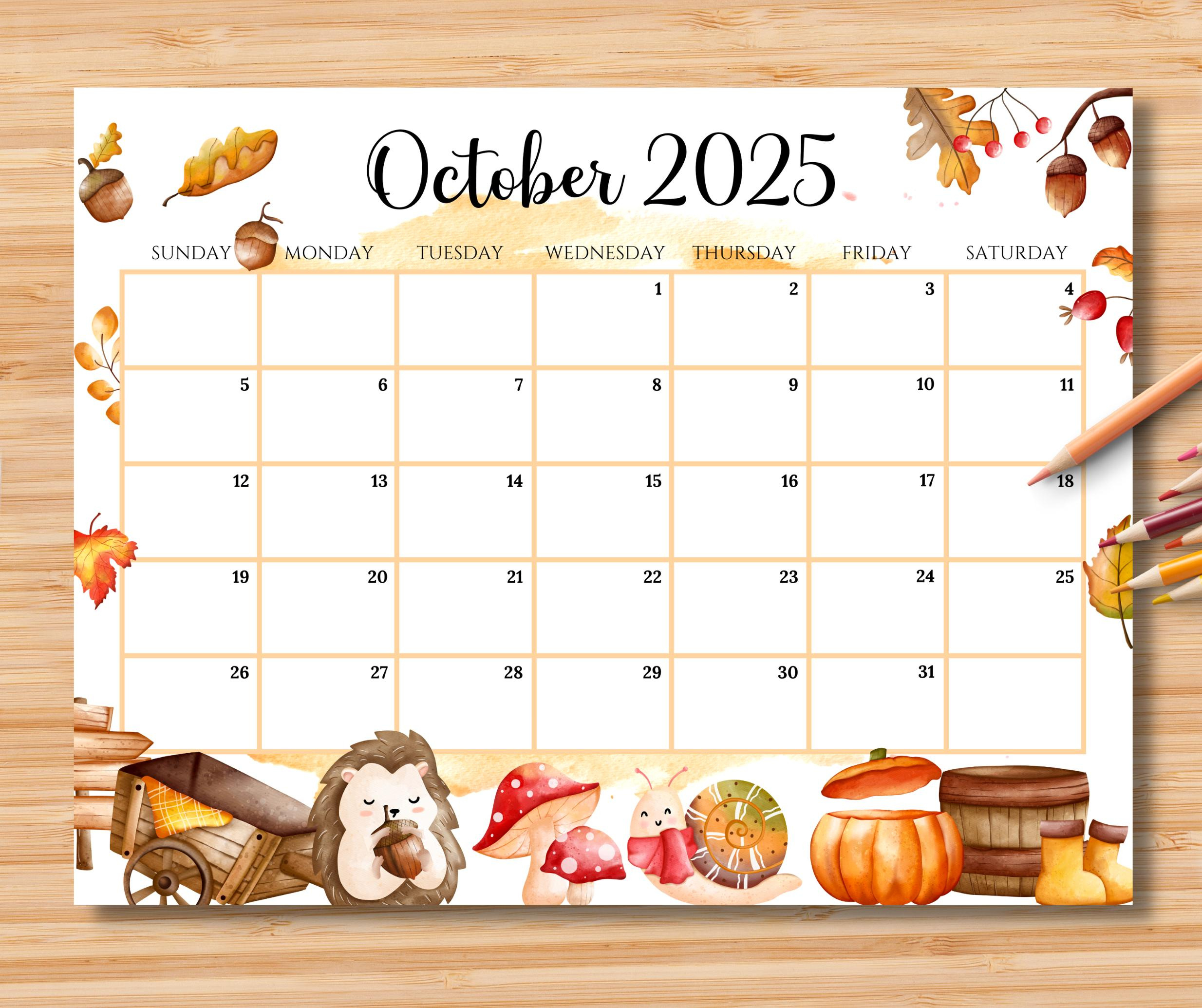 Editable October 2025 Calendar, Beautiful Autumn W/ Cute Animal throughout October 2025 Calendar Fall
