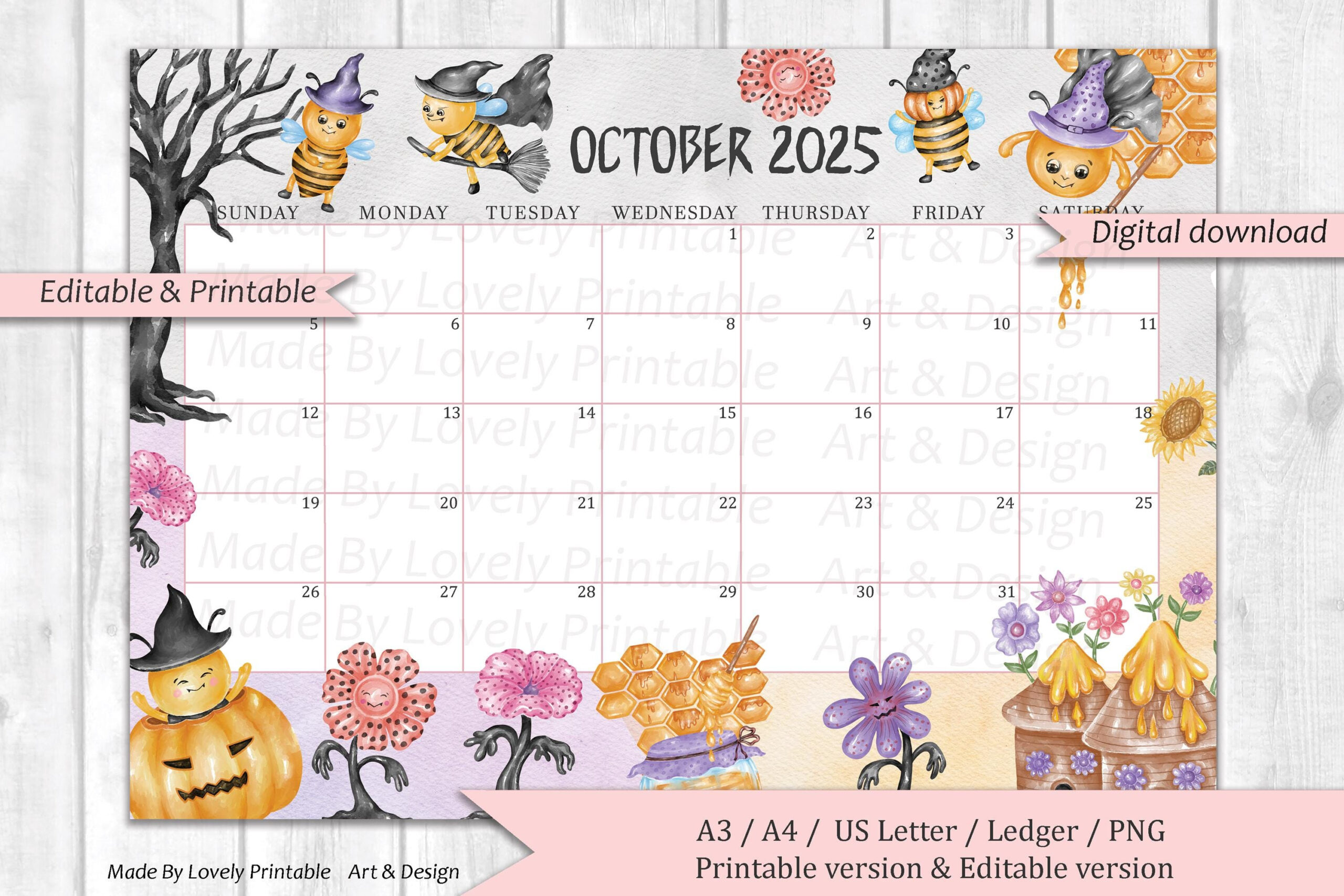 Editable October 2025 Calendar, Happy Halloween With Cute Bees in Halloween October 2025 Calendar Background