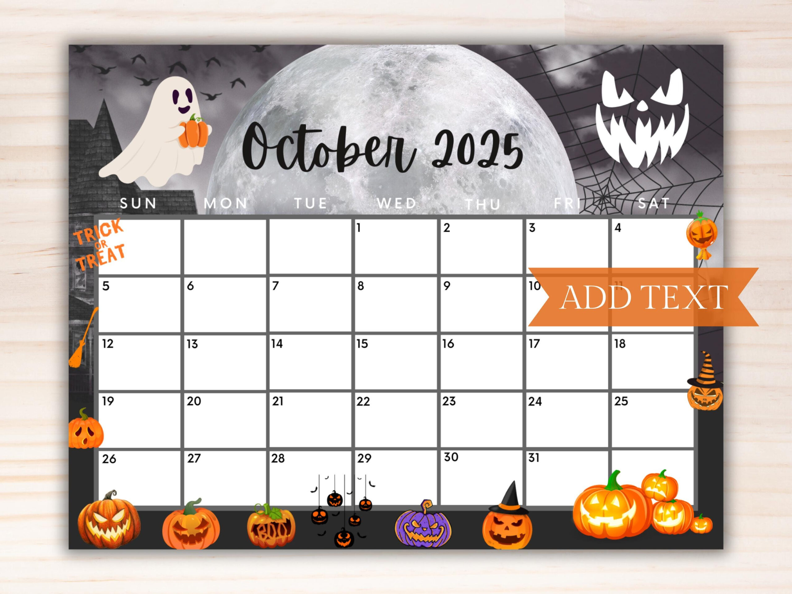 Editable October 2025 Calendar, Printable Calendar, 2025 Spooky with Halloween October Calendar Printable 2025