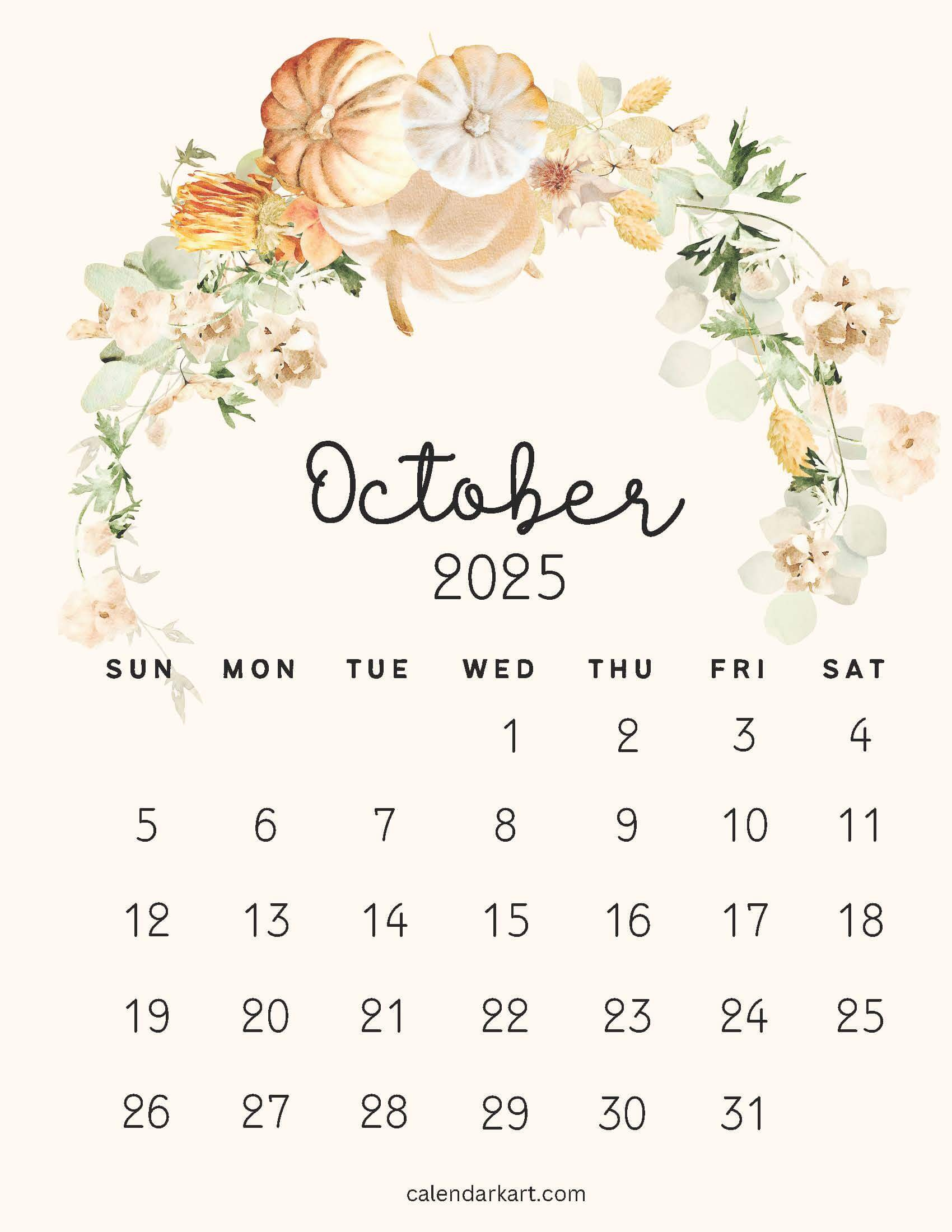 Free Printable October 2025 Calendars | Calendarkart inside October 2025 Calendar Cute