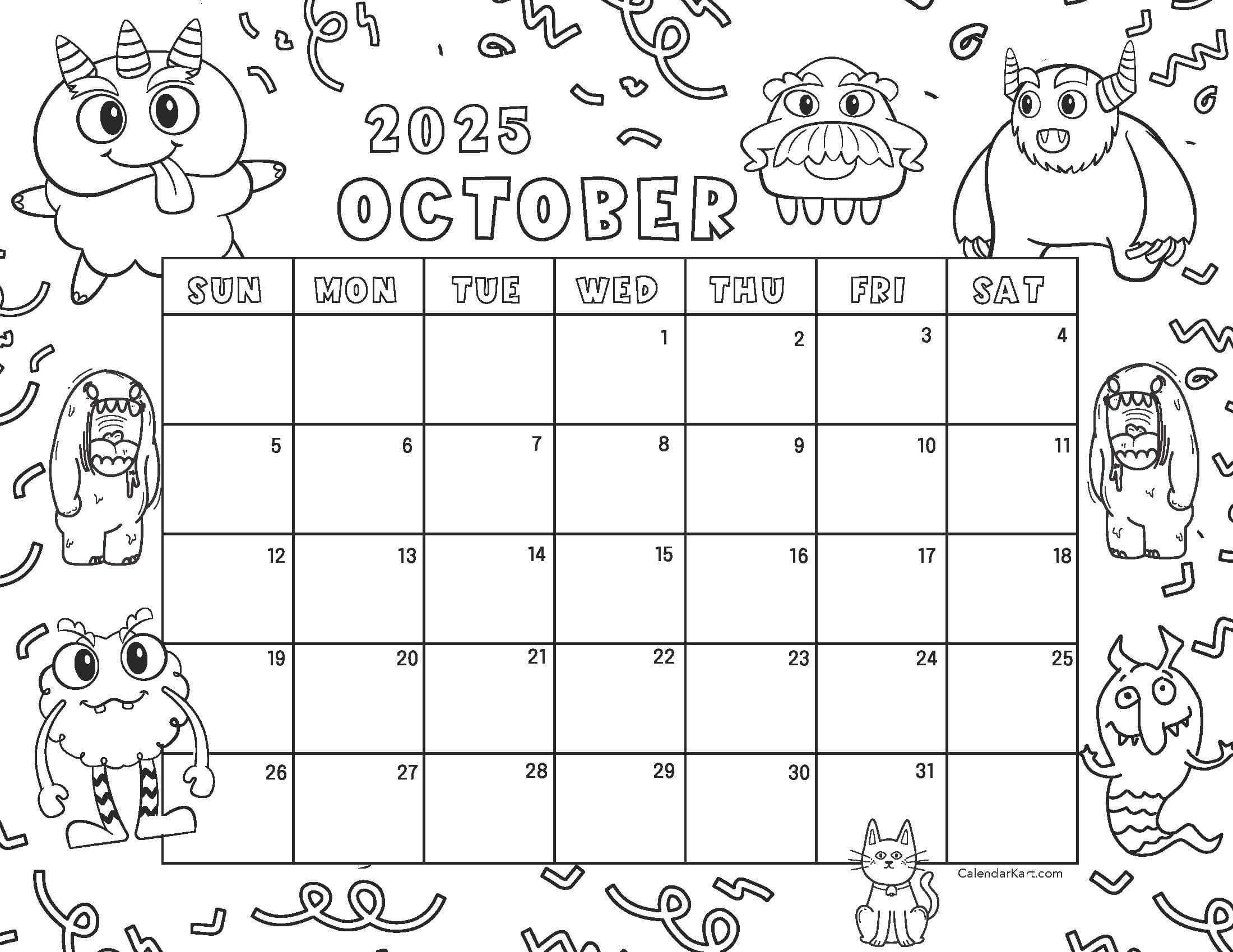 Free Printable October 2025 Calendars | Calendarkart regarding October Calendar 2025 Coloring Page