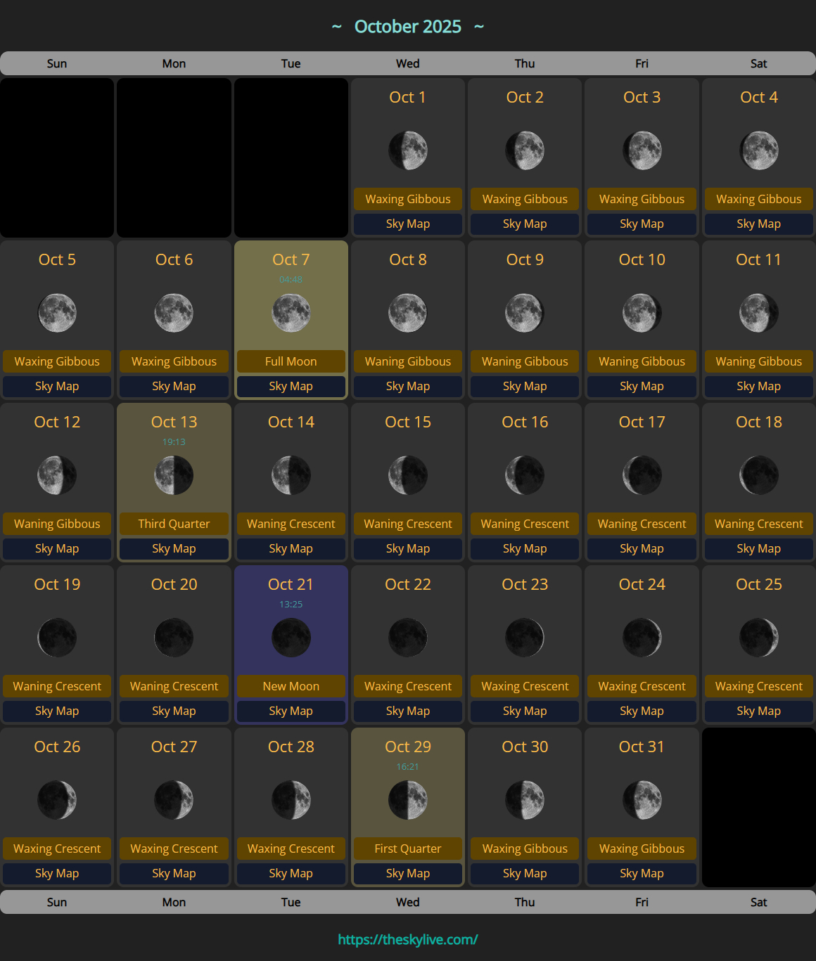 Moon Calendar: October 2025 | Theskylive with regard to October 2025 Full Moon Calendar