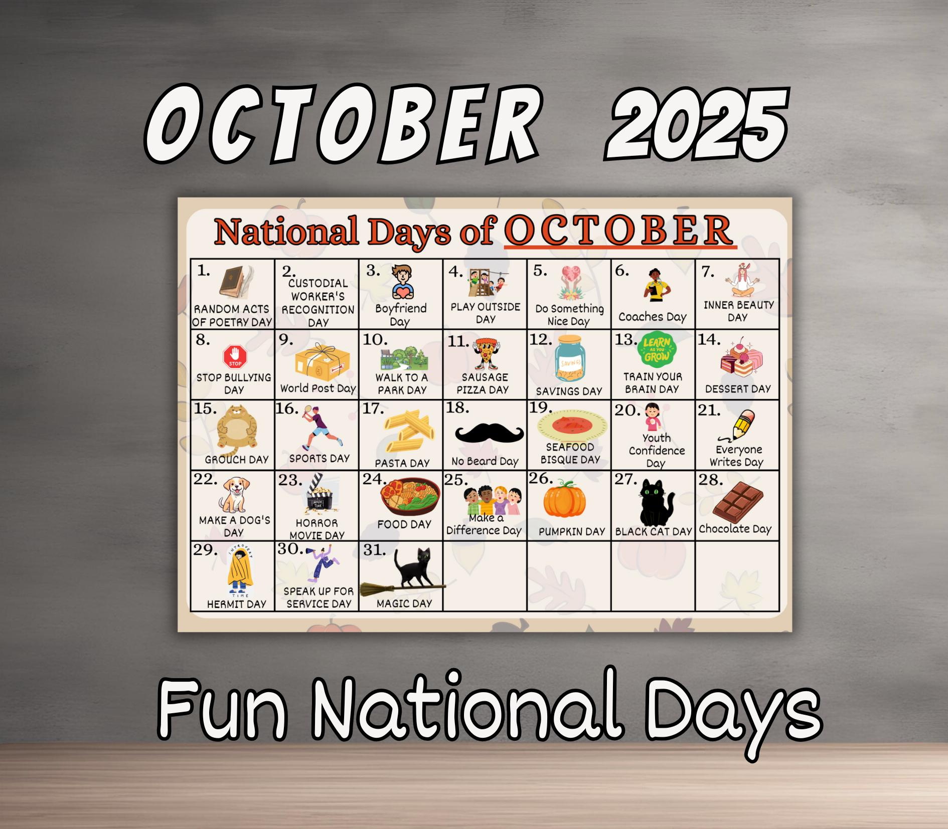 National Fun Days Calendar - Etsy Australia in National Food Days October 2025