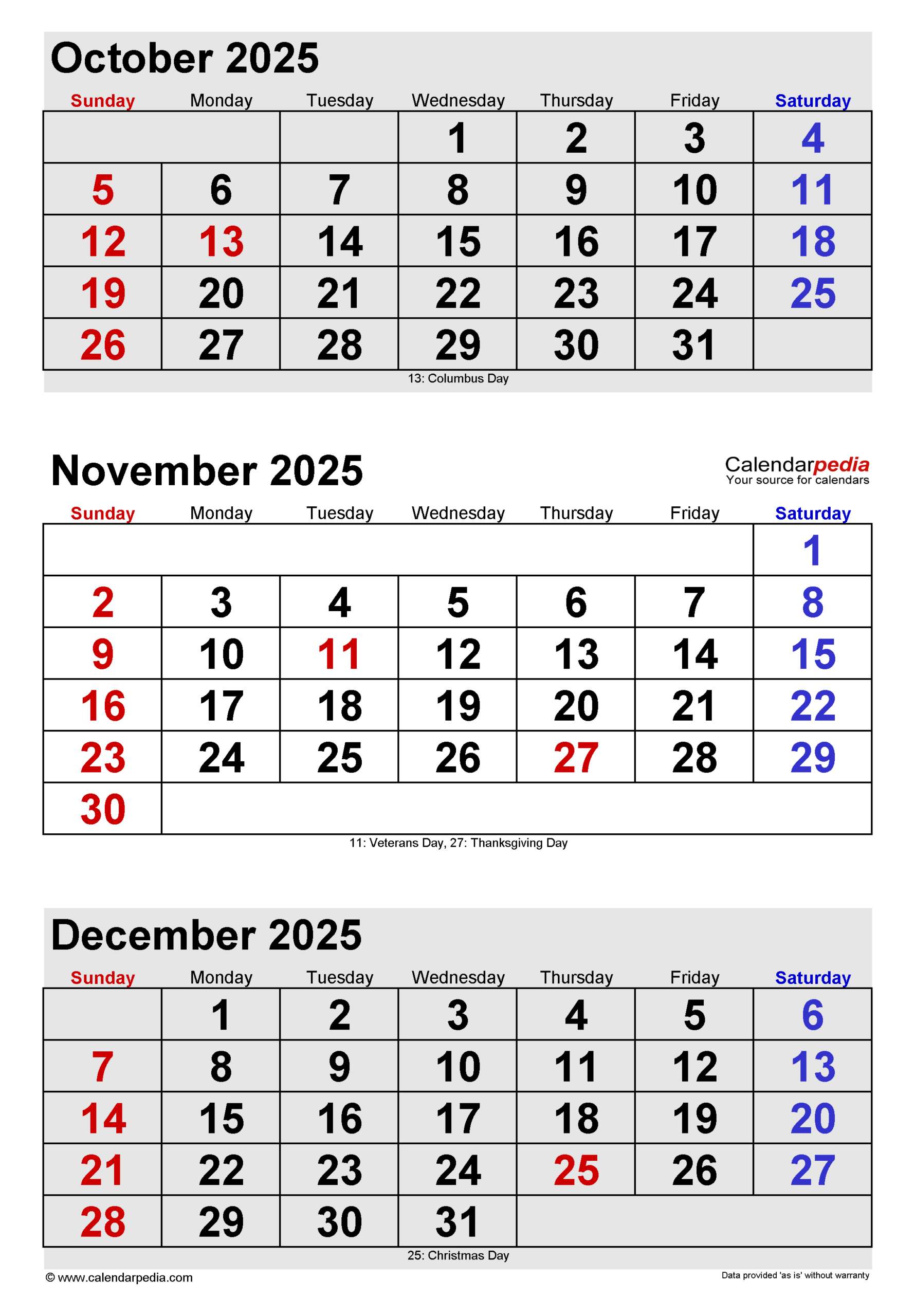 November 2025 Calendar | Templates For Pdf, Excel And Word inside Calendar October November December 2025