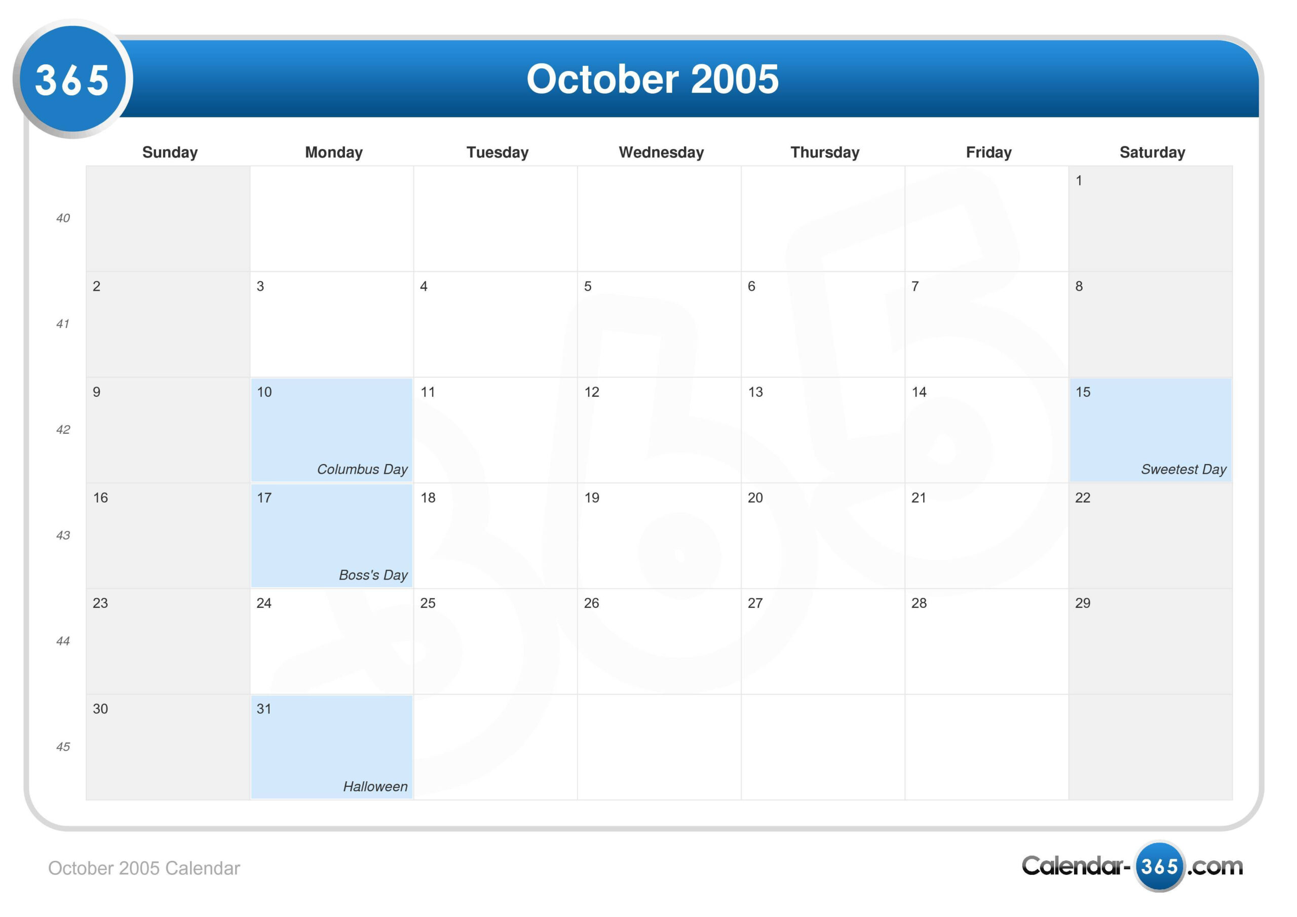 October 2005 Calendar with regard to Calendar of 2005 October