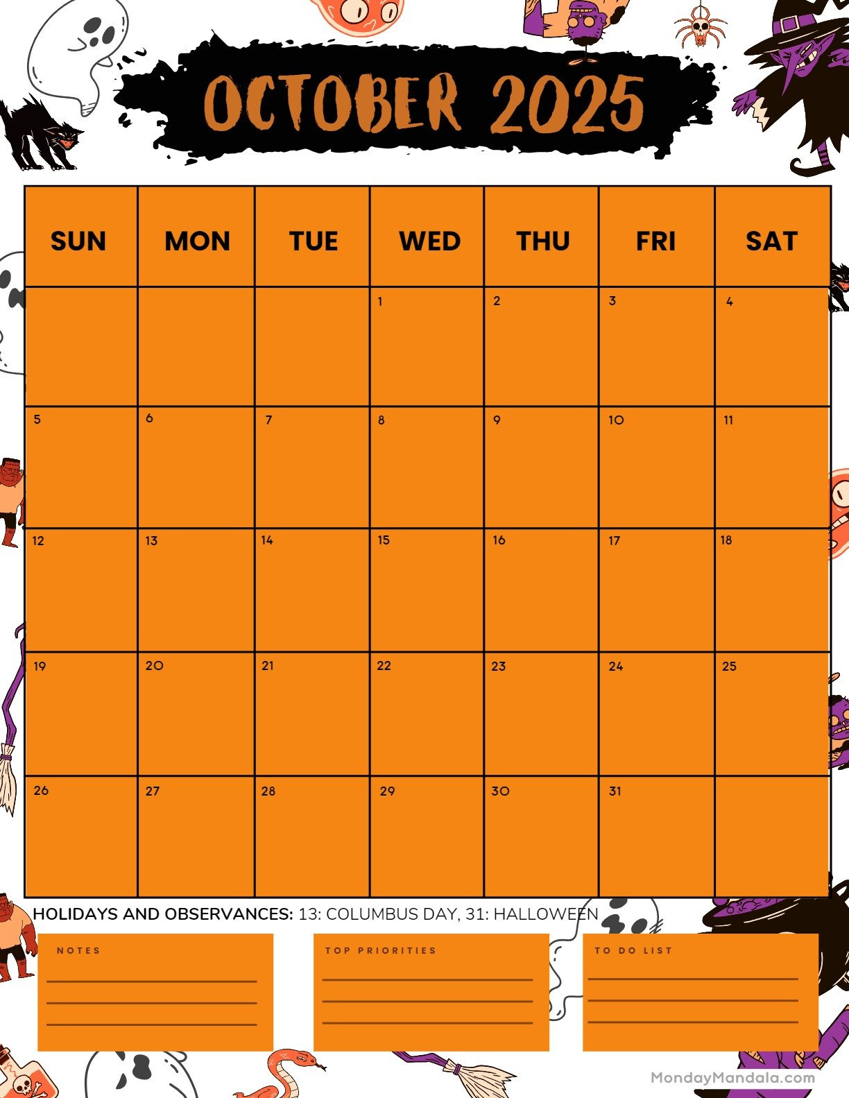 October 2025 Calendar (52 Free Pdf Printables) with regard to Halloween October Calendar Printable 2025