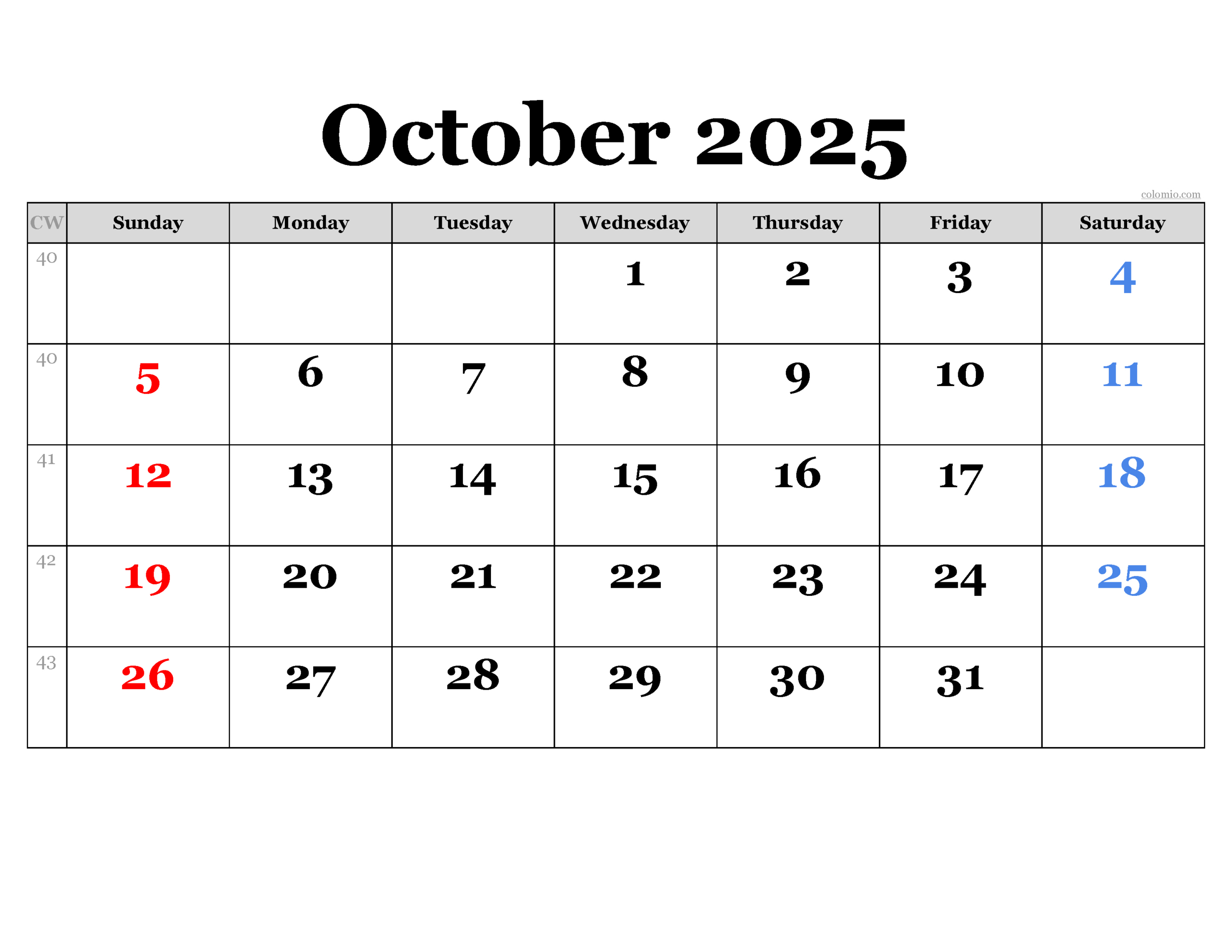October 2025 Calendar | Free Printable Pdf, Xls And Png inside October Calendar 2025 Numbers Printable