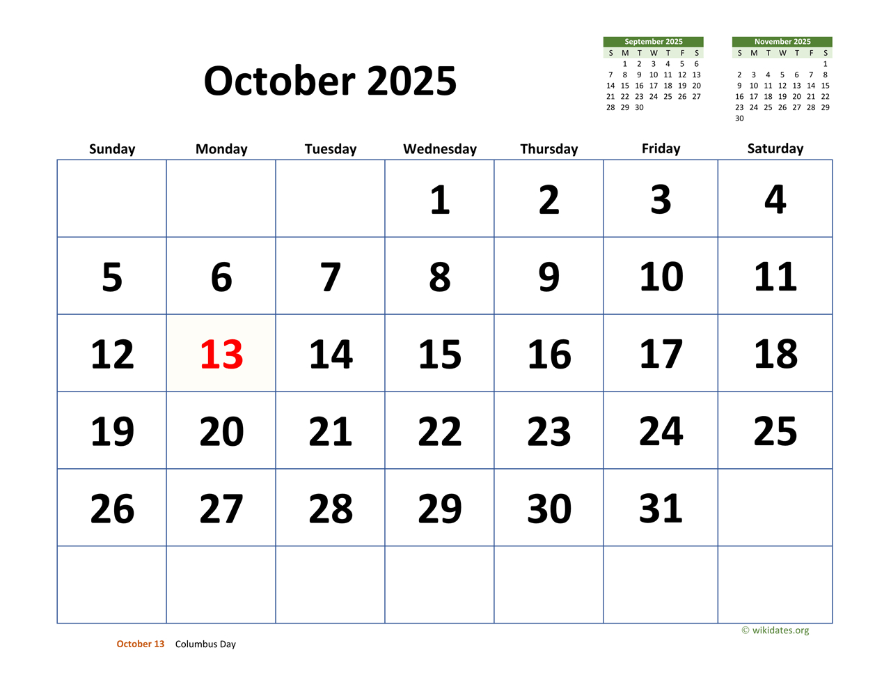 October 2025 Calendar With Extra-Large Dates | Wikidates in Wiki Calendar October 2025