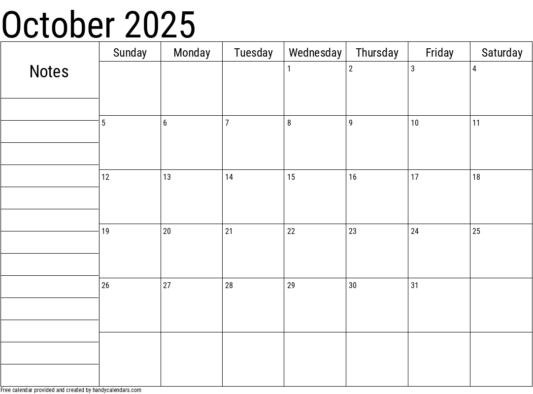 October 2025 Calendar With Notes - Handy Calendars with regard to October 2025 Calendar with Notes