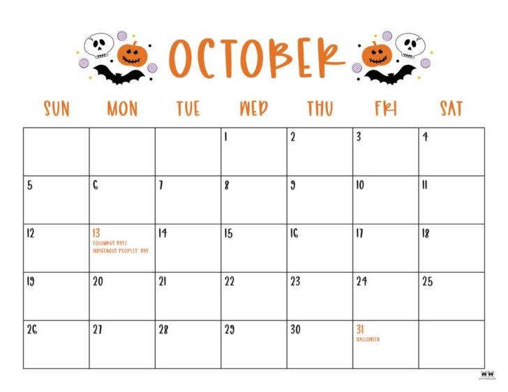 Calendar For Month of October 2025