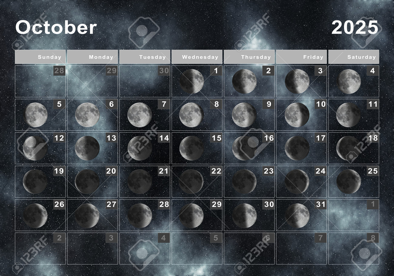 October 2025 Lunar Calendar, Moon Cycles, Moon Phases Stock Photo inside October Moon Phase Calendar 2025