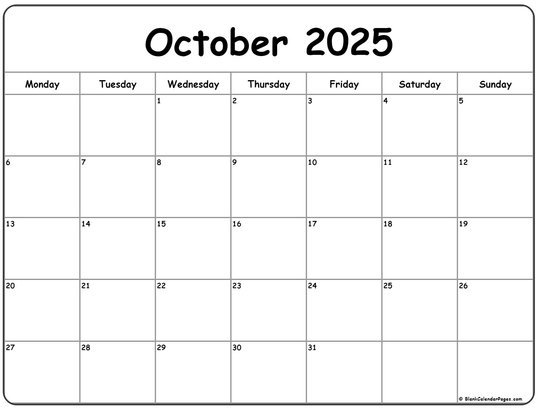 October 2025 Monday Calendar | Monday To Sunday with October 2025 Calendar Monday Start