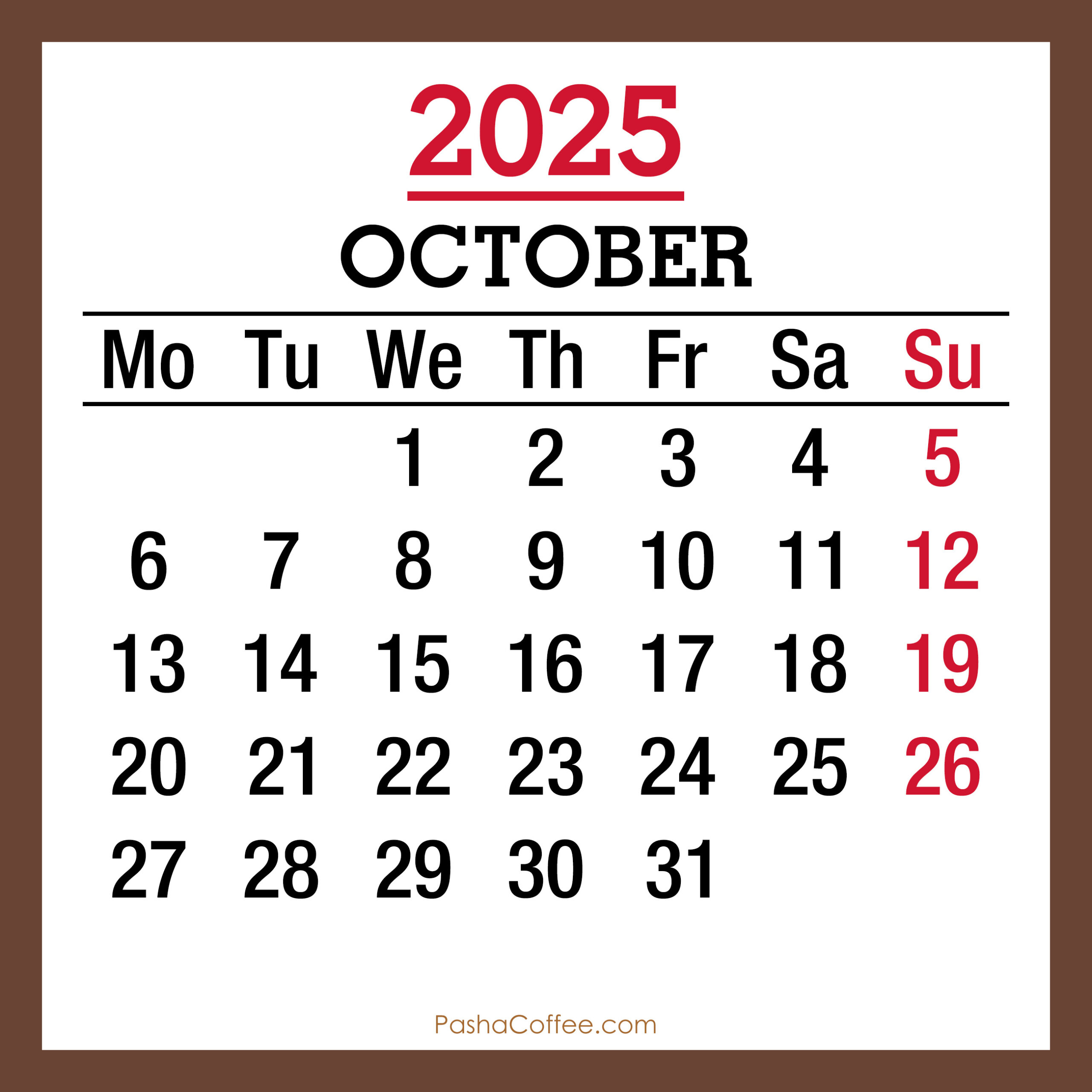 October 2025 Monthly Calendar, Printable Free, Brown, Monday Start in October 2025 Calendar Monday Start
