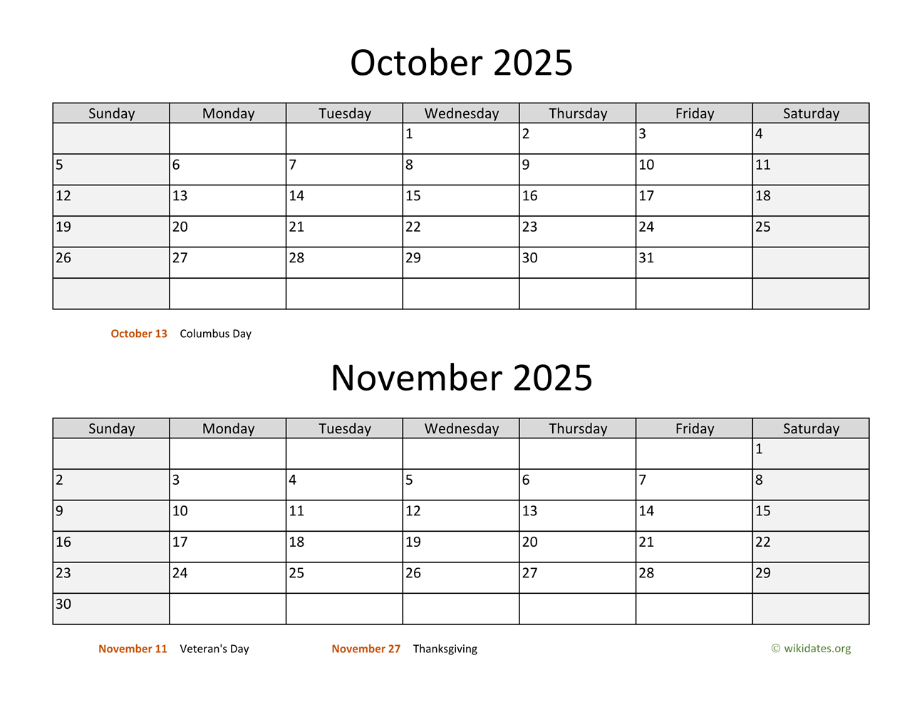 October And November 2025 Calendar | Wikidates with October Wiki Calendar 2025