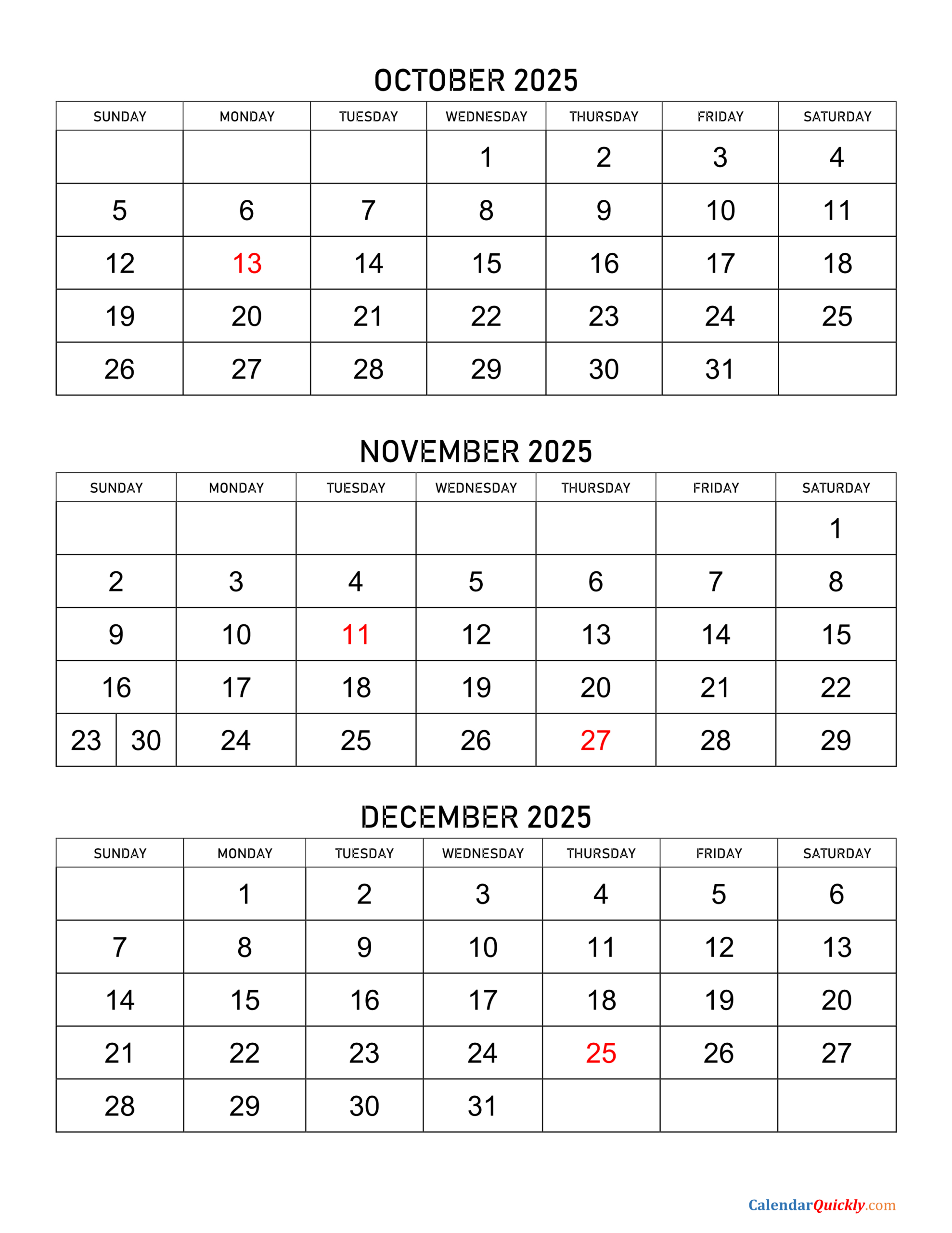October To December 2025 Calendar | Calendar Quickly intended for October December 2025 Calendar