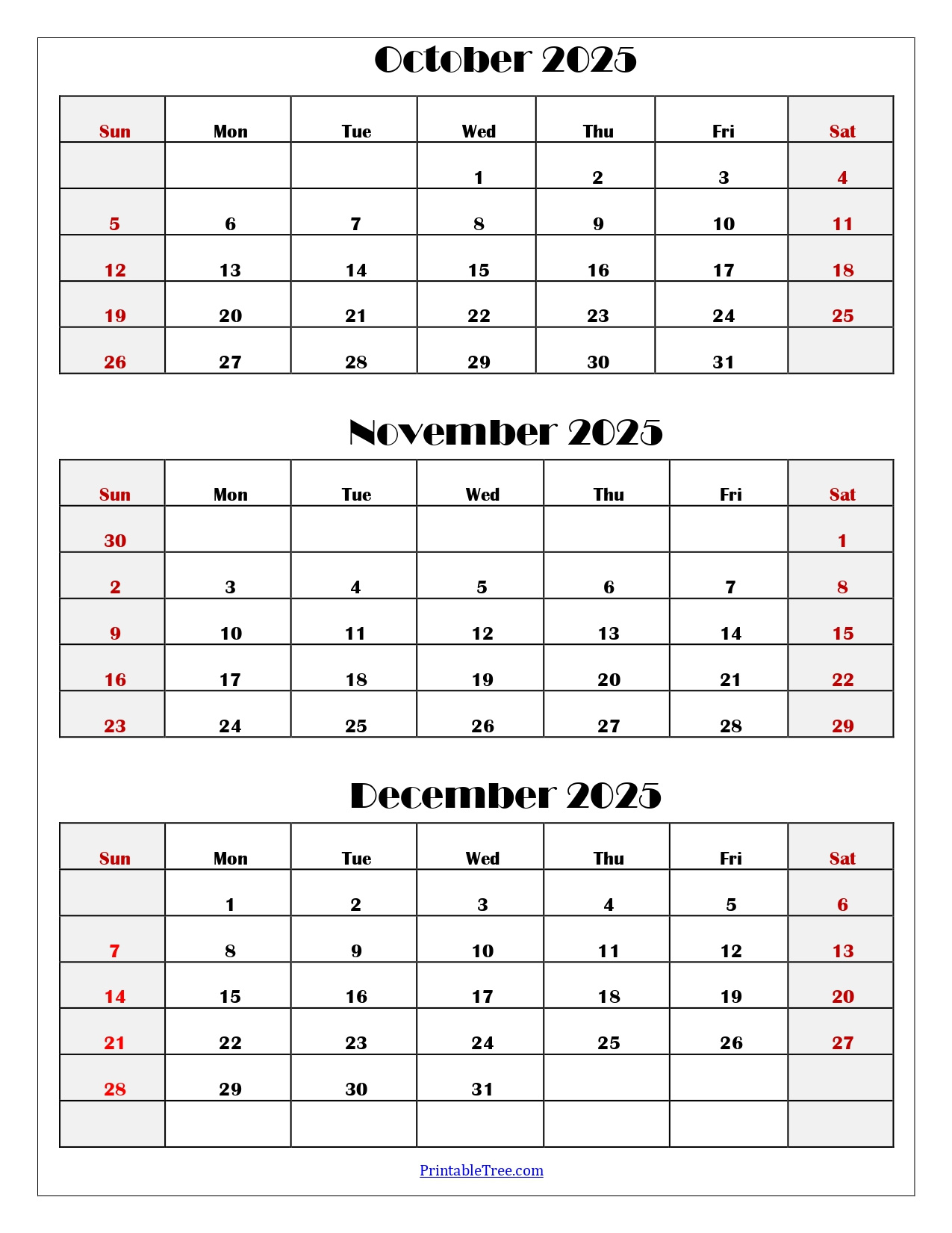 October To December 2025 Calendar Printable Pdf | Three Months with 3 Month Calendar October November December 2025