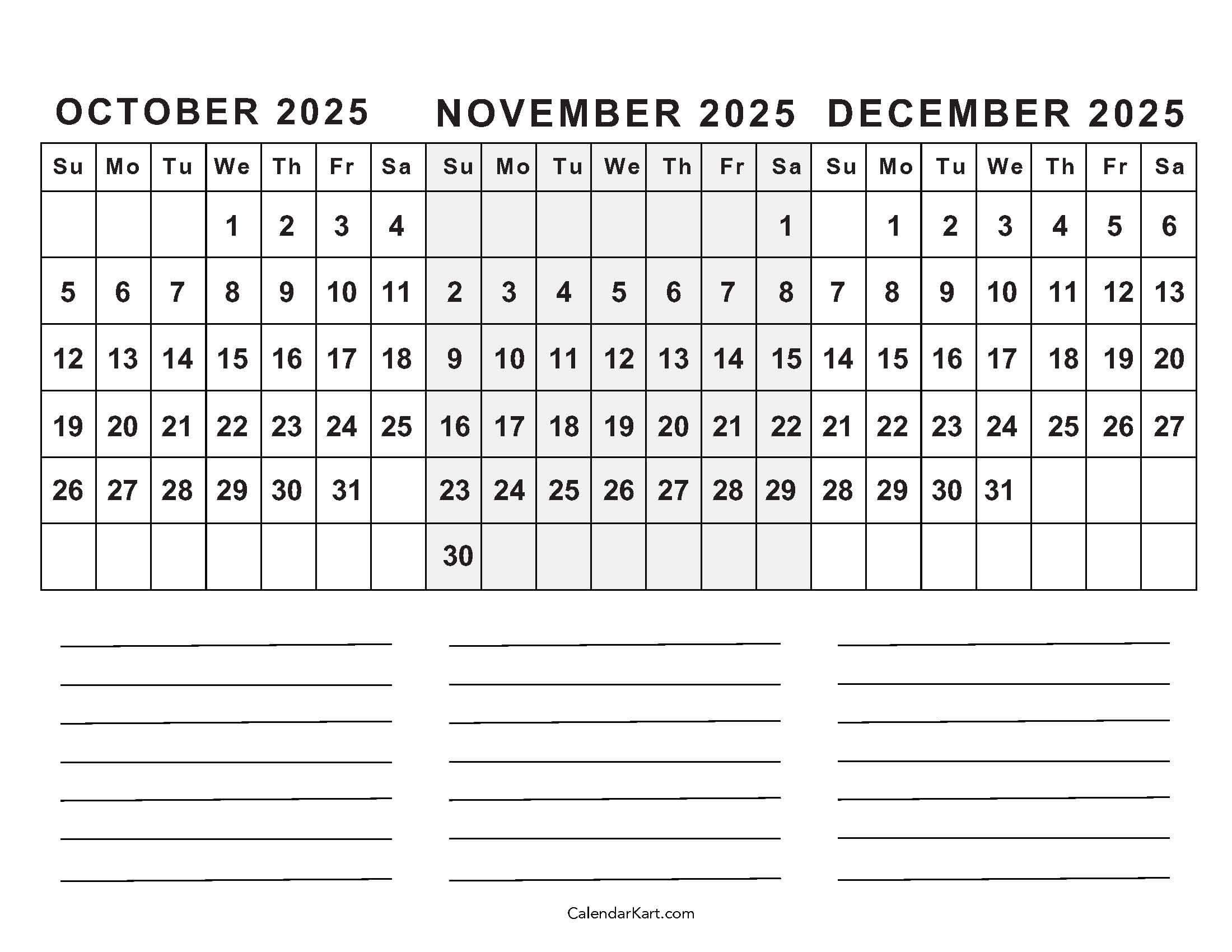 October To December 2025 Calendar (Q4) - Calendarkart within October November Calendar 2025