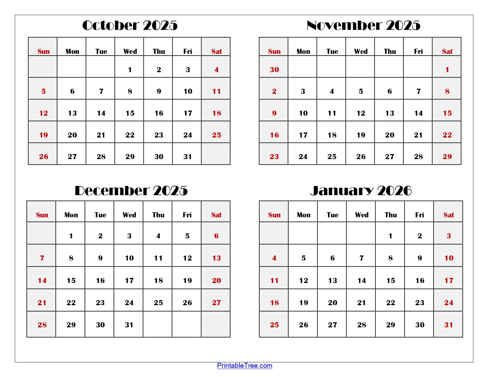 October To January 2026 Calendar Printable Pdf | Four Months Calendar with regard to October To January 2025 Calendar