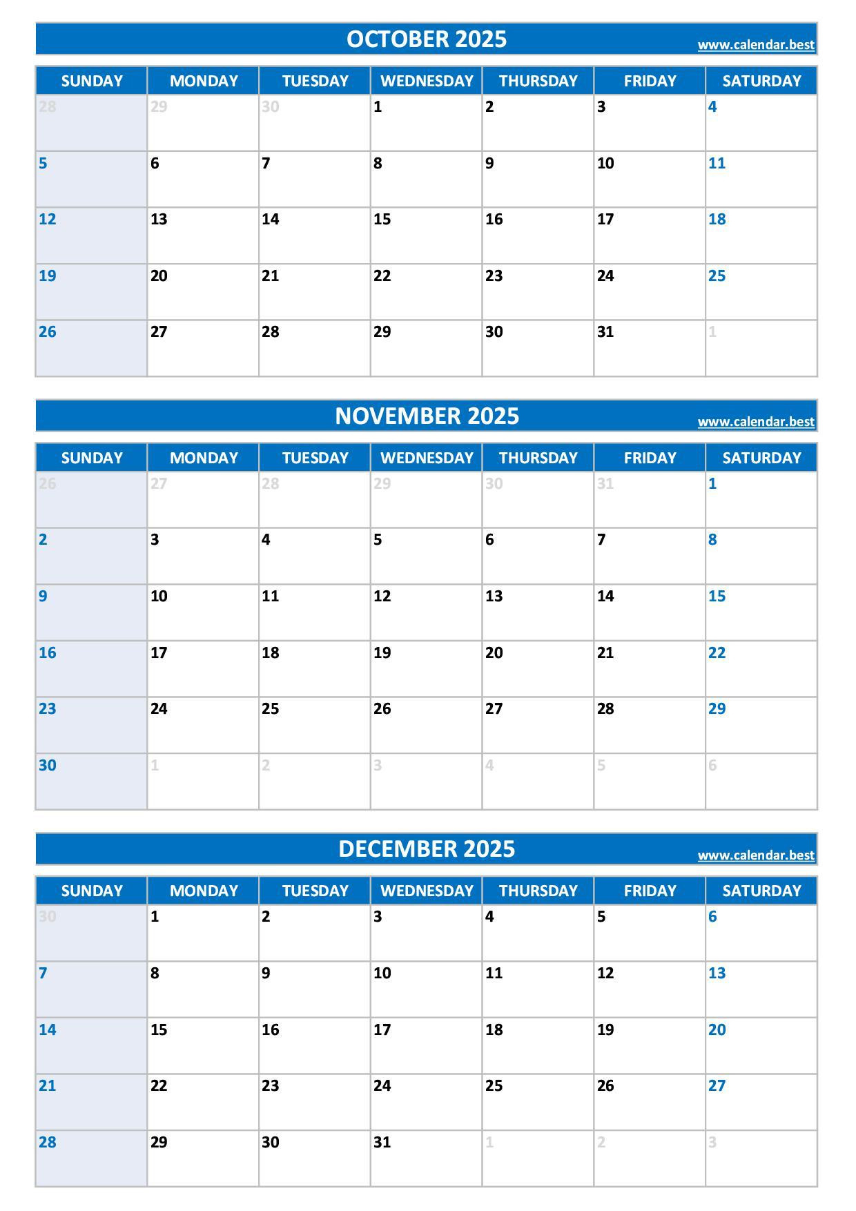 Printable 4Th Quarter 2025 Calendar within Calendar October November December 2025