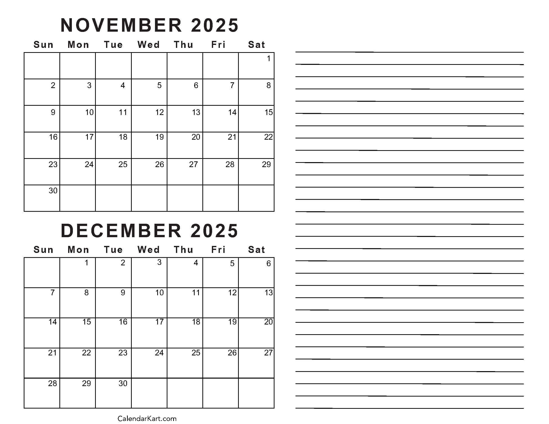 Printable November December 2025 Calendars | Calendarkart throughout October November December 2025 Calendar Printable Free