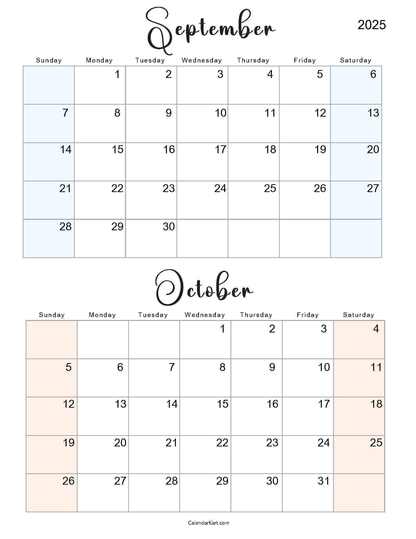 Printable September October 2025 Calendar | Calendarkart for September and October 2025 Calendar Printable