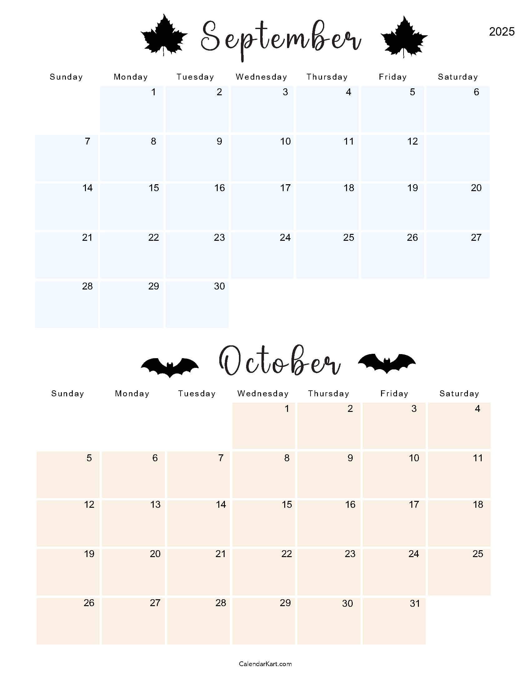 Printable September October 2025 Calendar | Calendarkart inside September October 2025 Printable Calendar