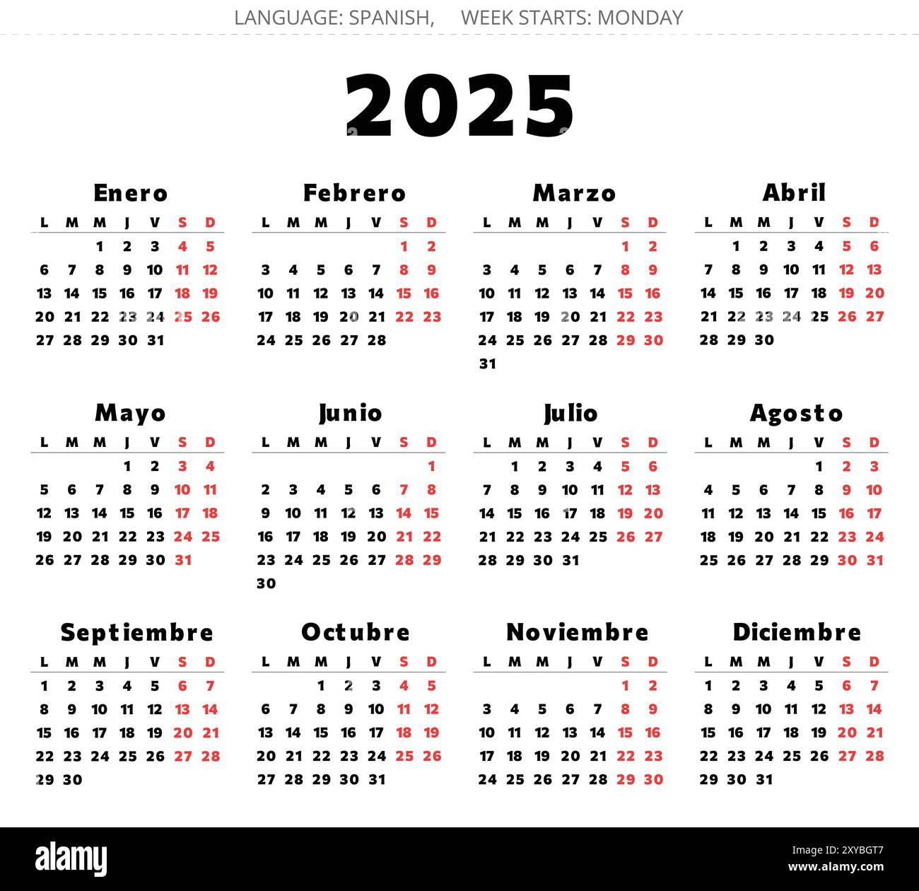 Spanish 2025 Year Calendar. Printable Vector Black And Red Colors within October Calendar 2025 in Spanish