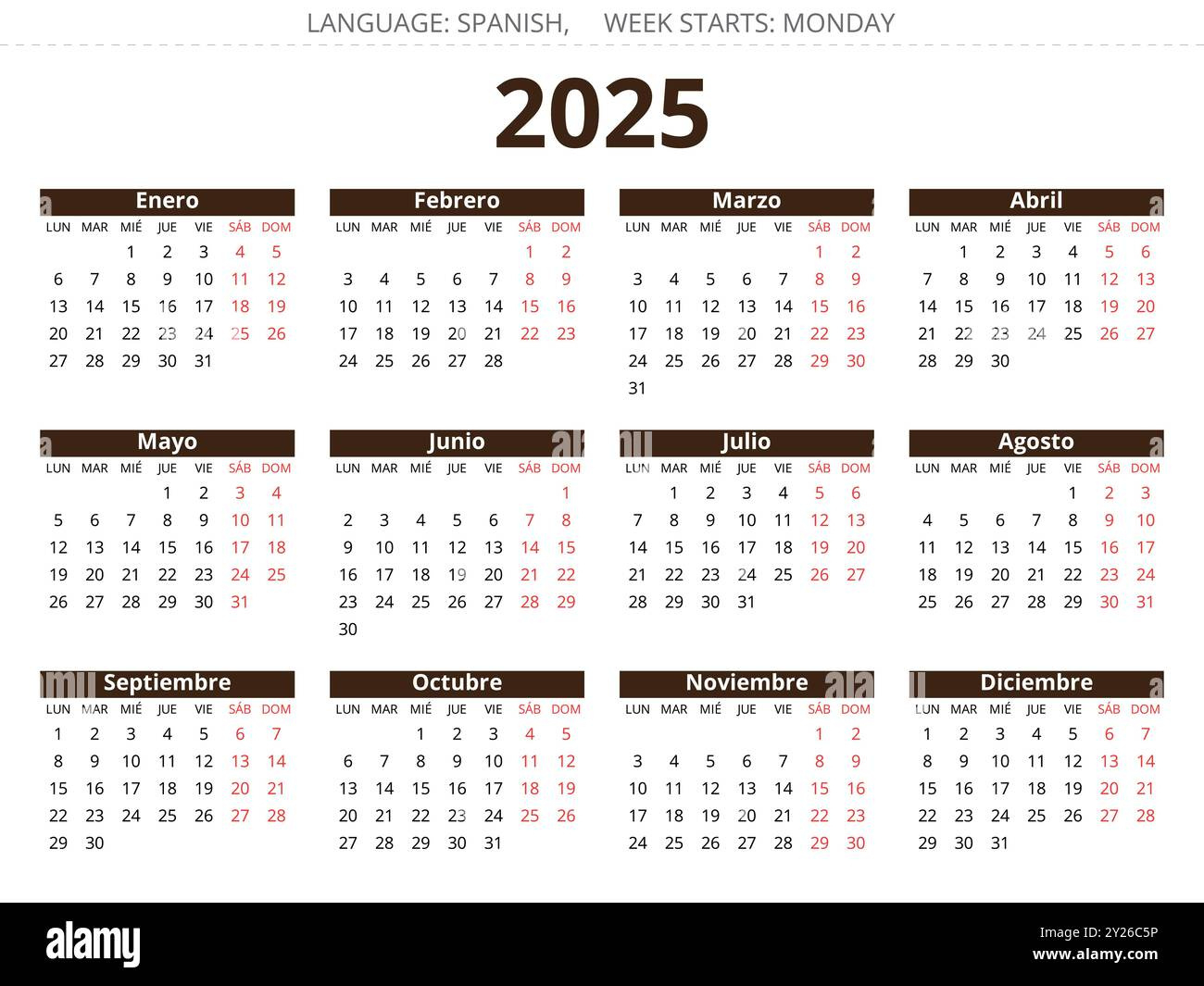 Spanish 2025 Year Calendar. Vector Illustration For Spain Stock within October Calendar 2025 in Spanish