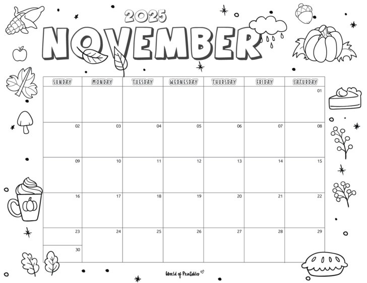 November Coloring Calendar 2025 Printable