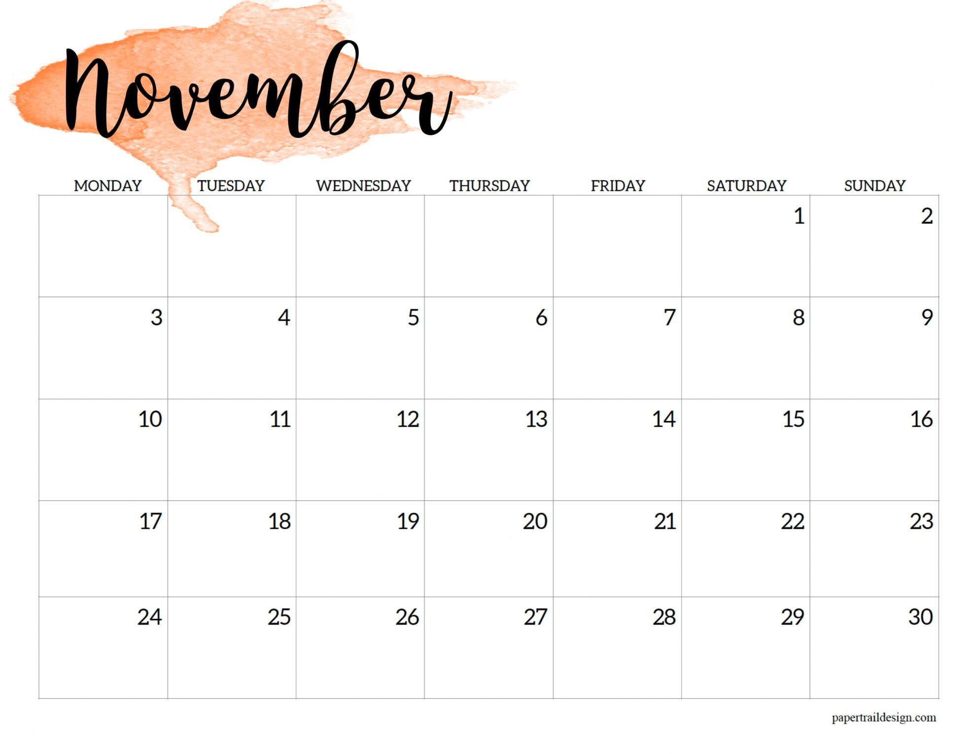 2025 Monday Start Calendar Printable - Watercolor - Paper Trail Design inside November Calendar 2025 Starting Monday