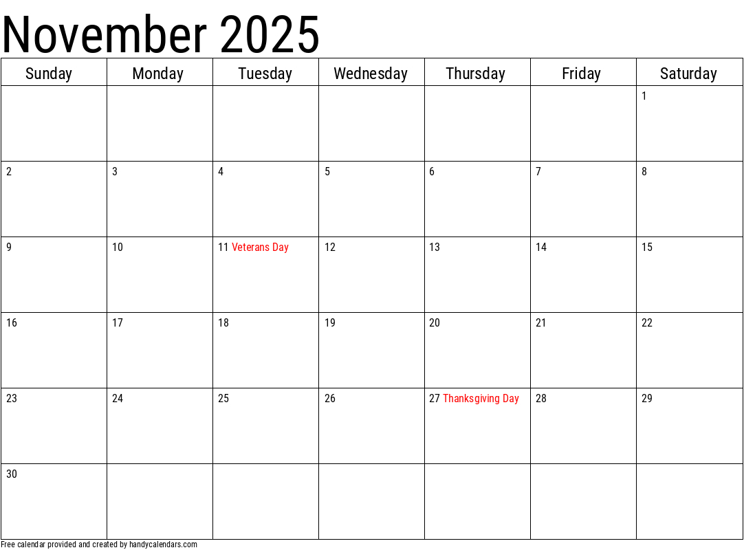 2025 November Calendars - Handy Calendars for November 2025 Calendar Veterans Day