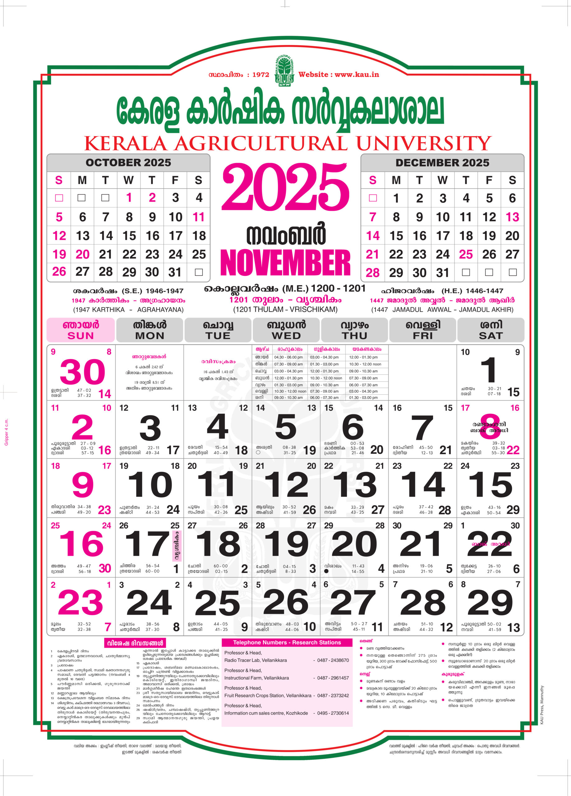 2025 November | Kerala Agricultural University for Malayalam Calendar 2025 November