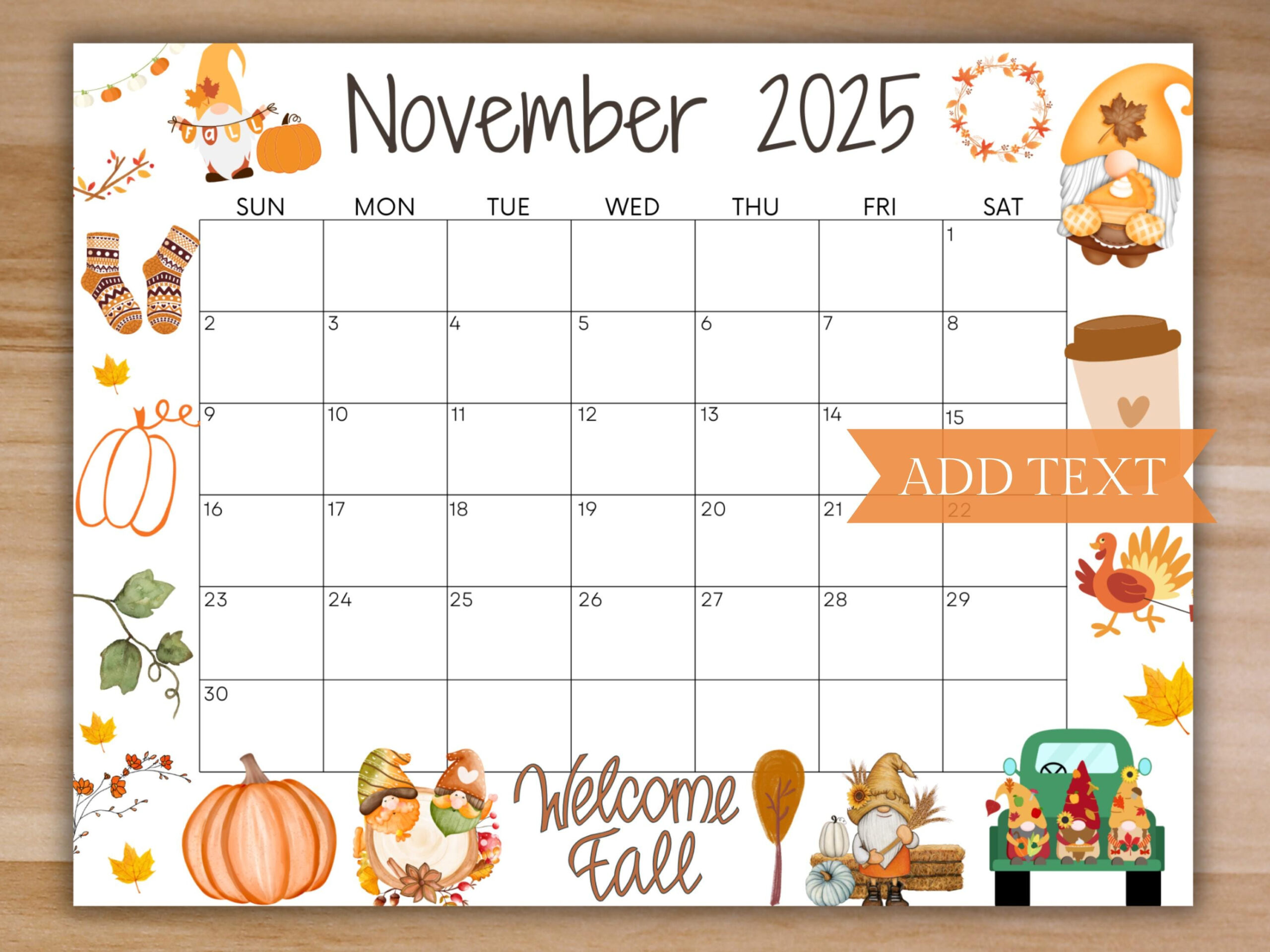Bearbeitbarer November 2025 Kalender, Druckbarer Herbstkalender throughout November 2025 Calendar Holidays