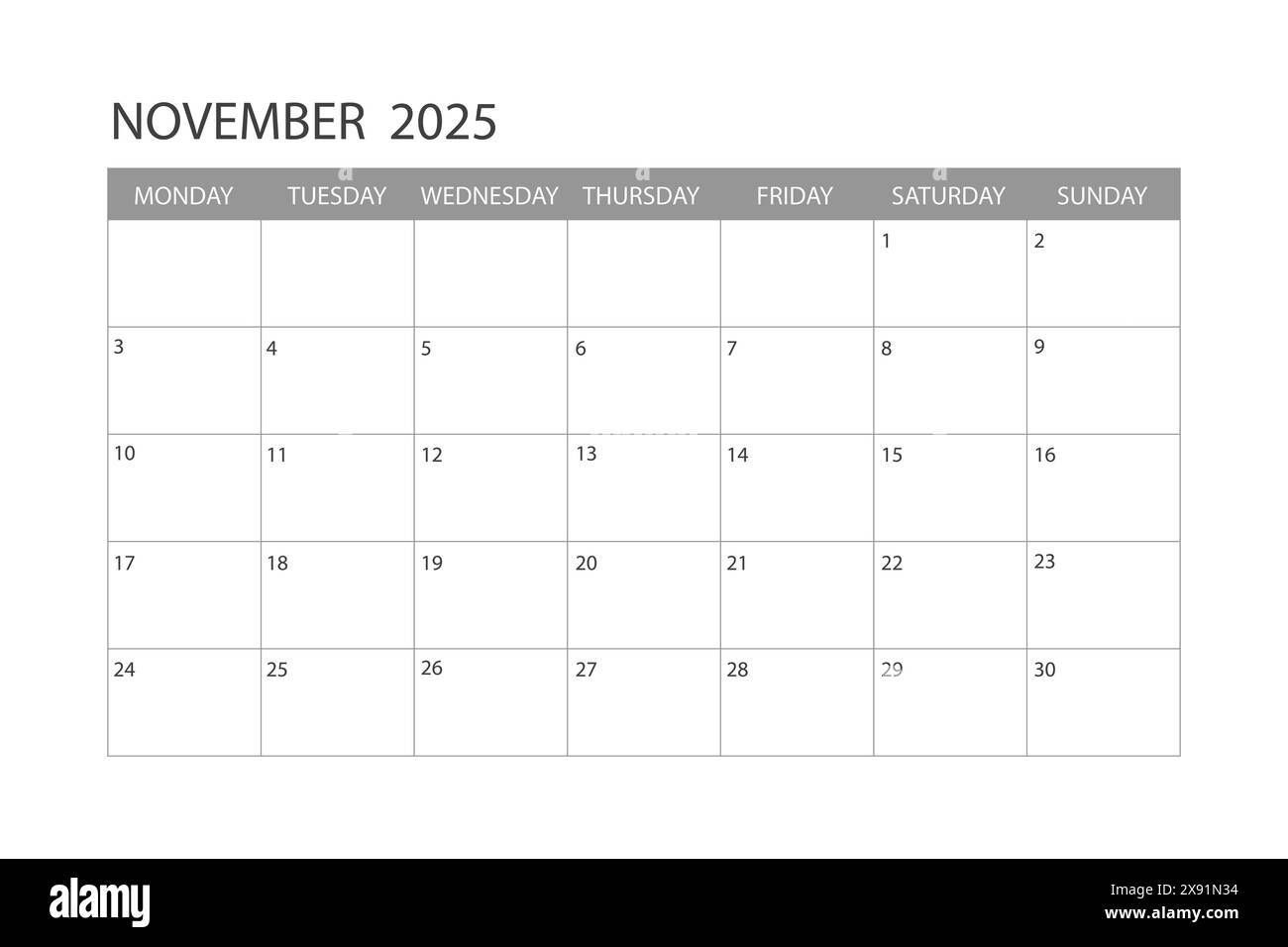 Calendar For November 2025. The Week Starts On Monday Stock Vector in Week Calendar November 2025