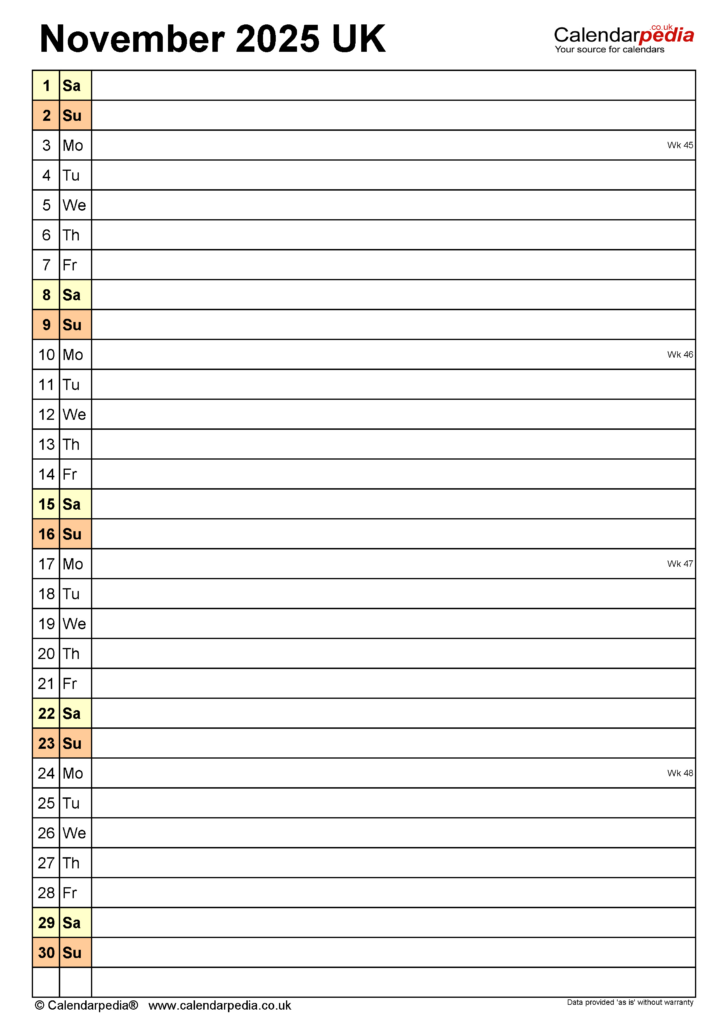 UK November 2025 Calendar Printable UK November 2025 Calendar Printable
