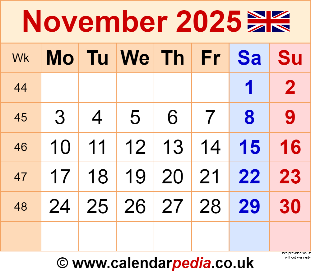Calendar November 2025 Uk With Pdf, Excel And Word Templates pertaining to November 2025 Calendar with Bank Holidays