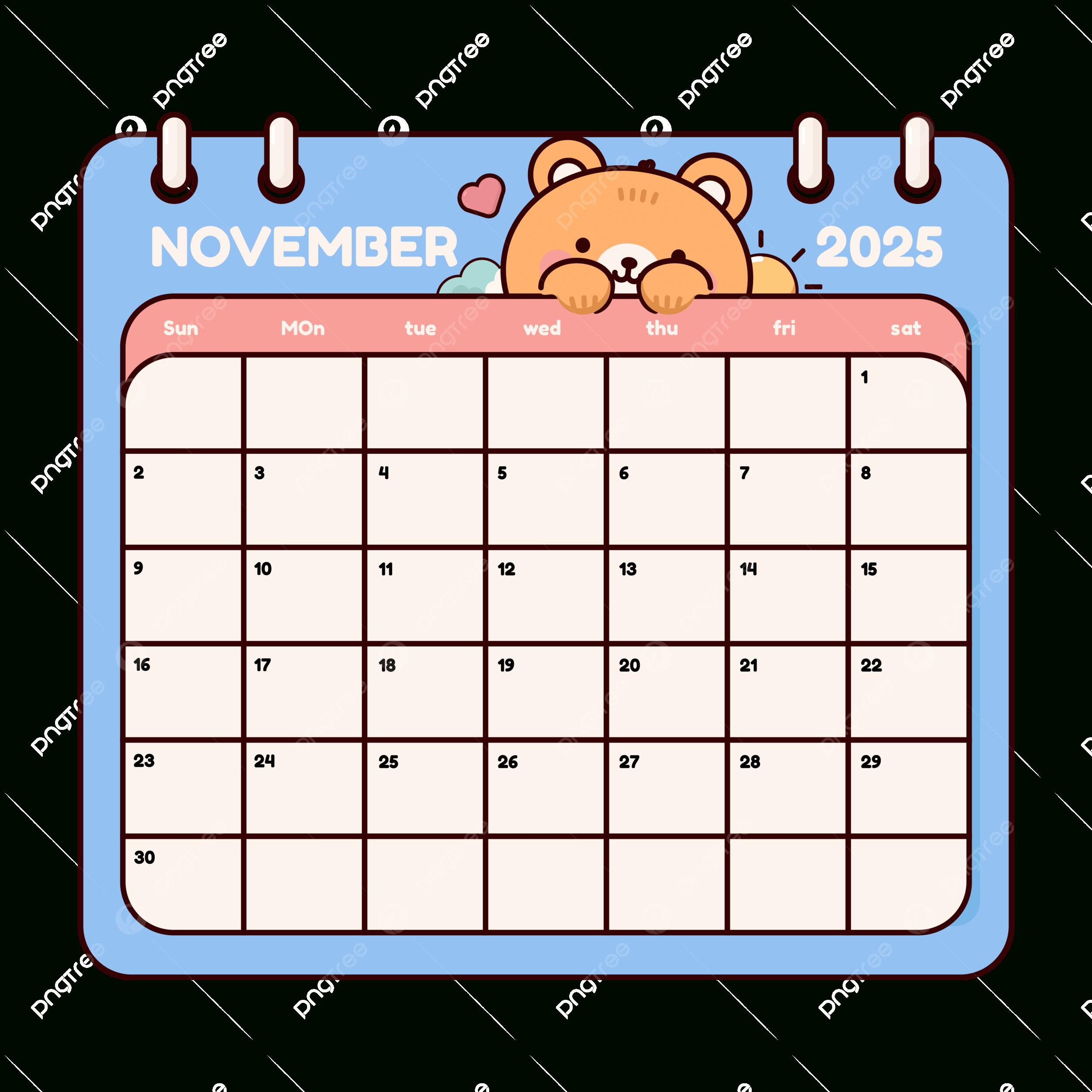Cute Cartoon Bear November 2025 Calendar Page Wall Template inside Fun Calendar November 2025