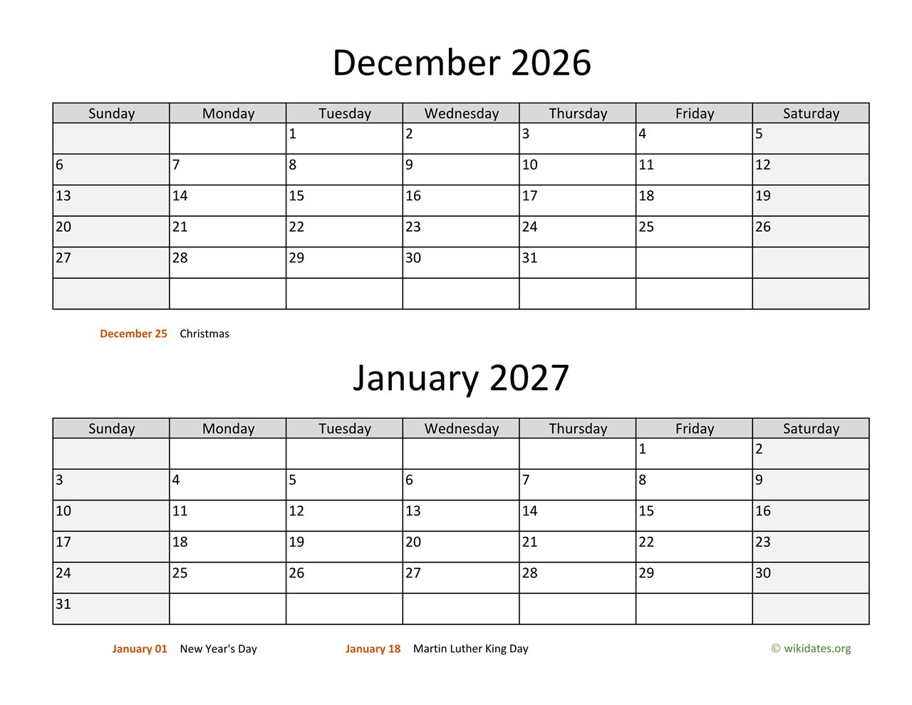 December 2026 And January 2027 Calendar | Wikidates with regard to November December January 2026 Calendar