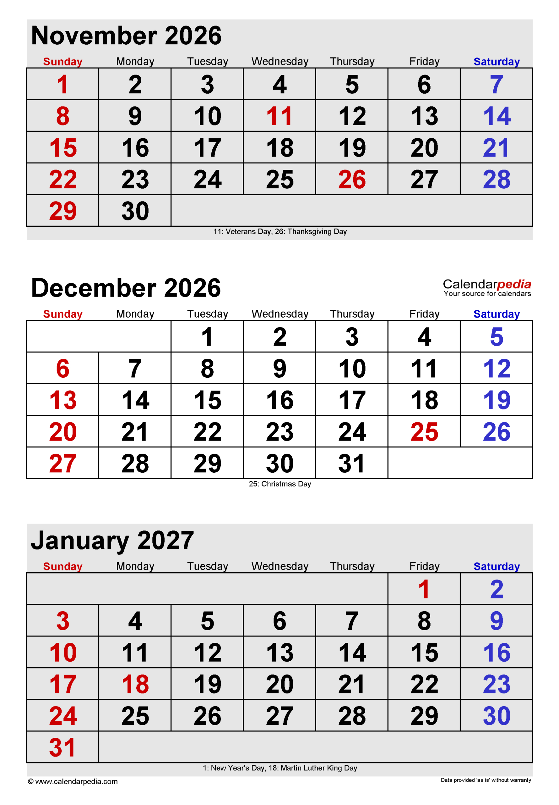 December 2026 Calendar | Templates For Pdf, Excel And Word pertaining to 3 Month Calendar November December January 2026