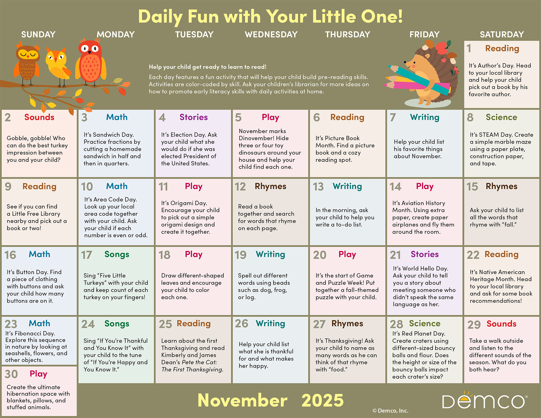 Early Literacy Activities — November 2025: Activities, Books, And within Fun Calendar November 2025