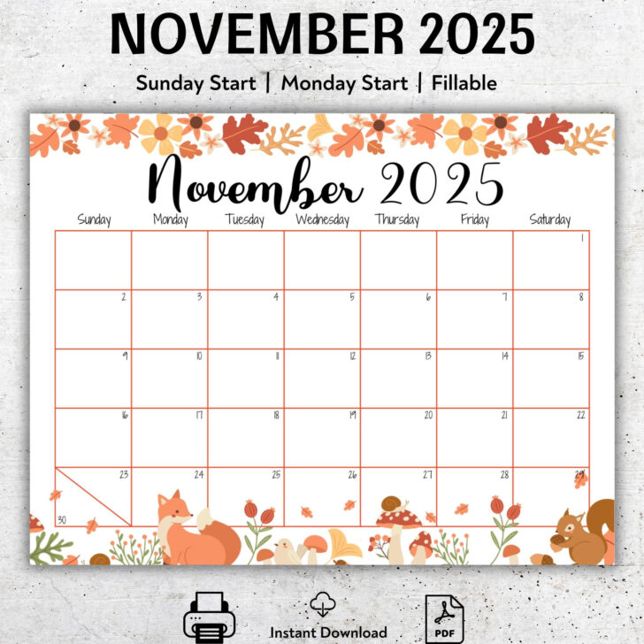 November Calendar 2025 Fillable