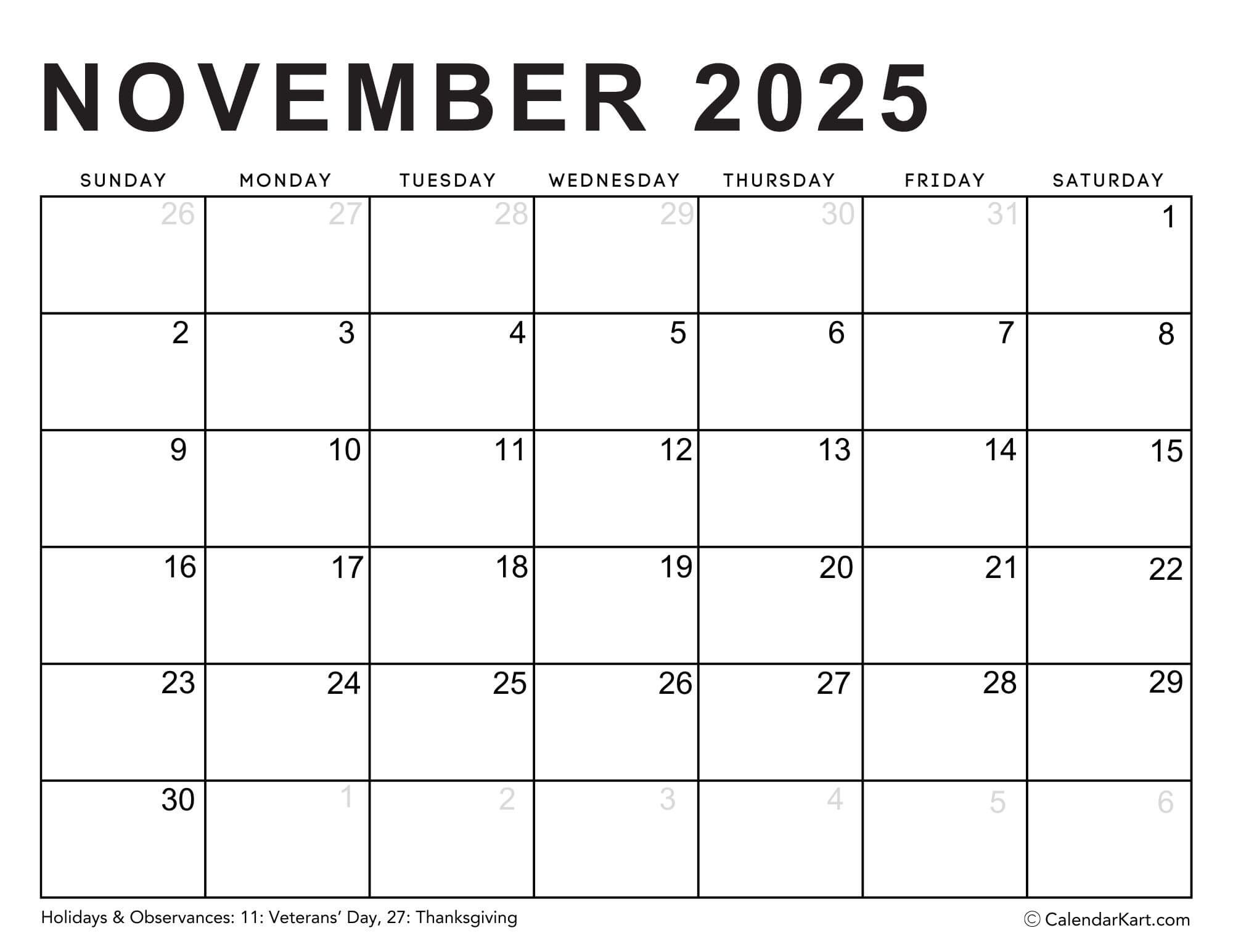 Editable Printable Calendars 2025 - Typeable Pdf - Calendarkart in November Calendar 2025 Editable