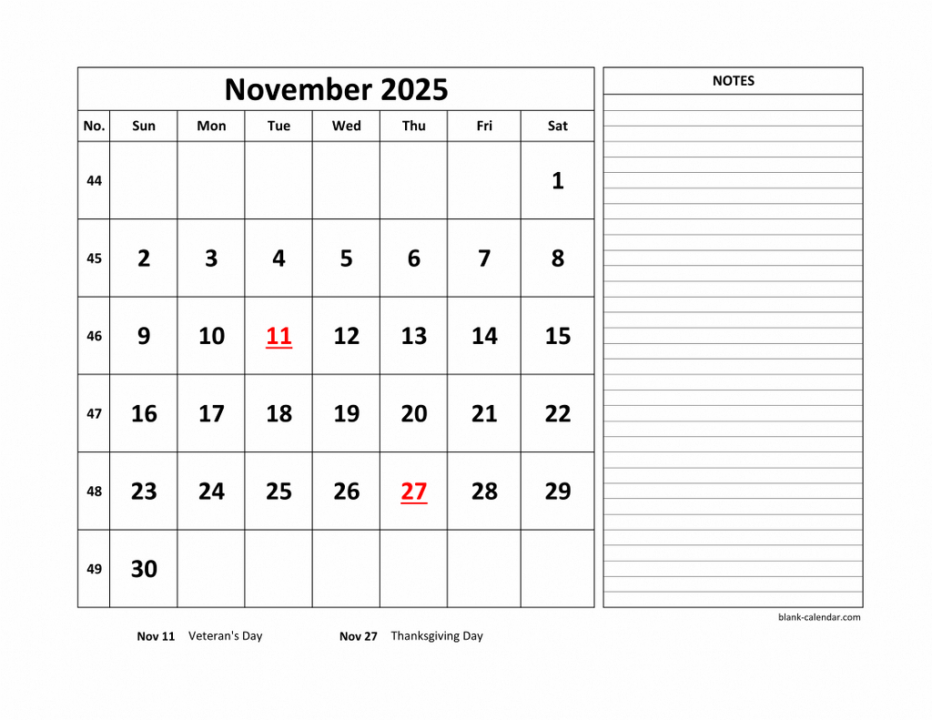 Free Download Printable November 2025 Calendar, Large Space For intended for November 2025 Calendar with Notes