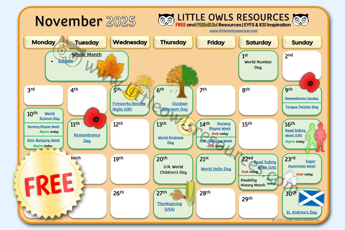 Free November 2025 Special Date Events Calendar | Eyfs &amp;amp; Ks1 with November Social Calendar 2025