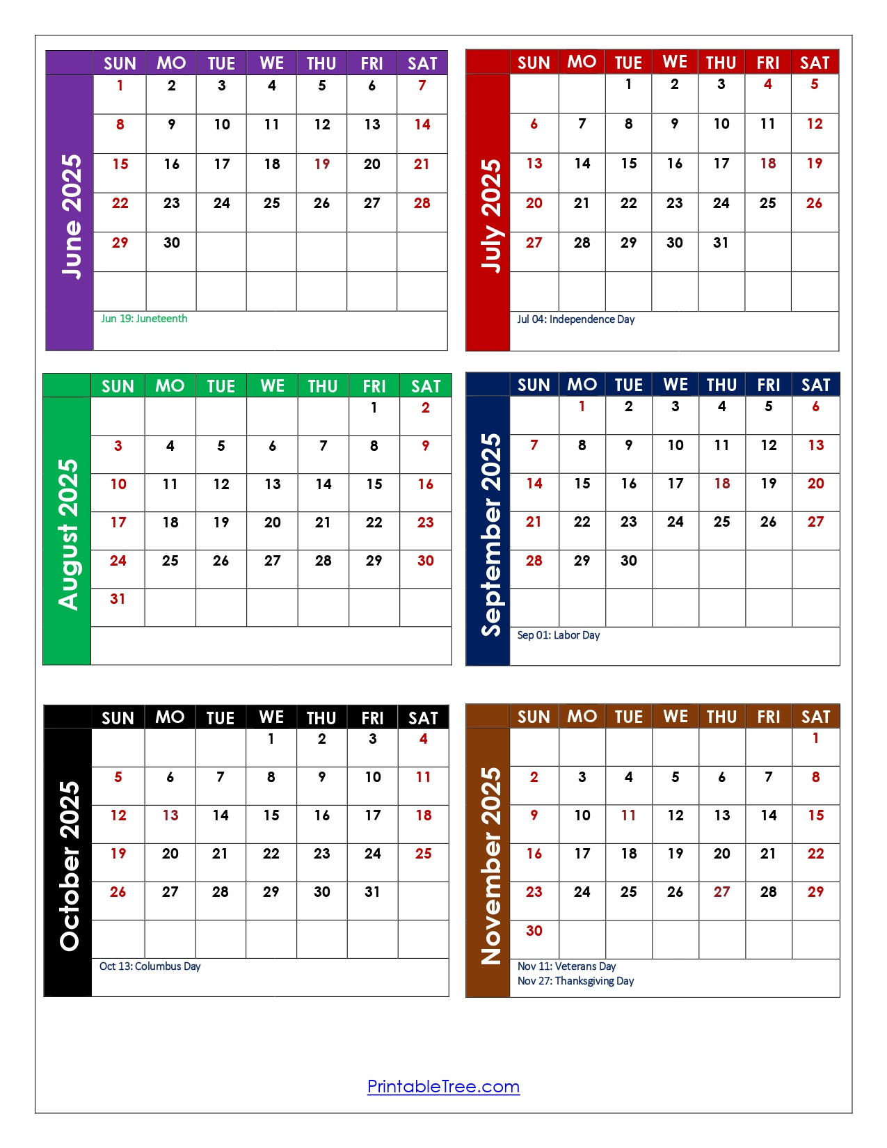 June To November 2025 Calendar Printable Pdf | Six Months Calendar with November 6 2025 Calendar