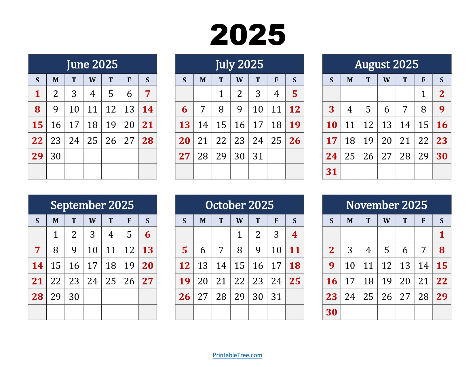 June To November 2025 Calendar Printable Pdf | Six Months Calendar with regard to November 2025 to June 2025 Calendar