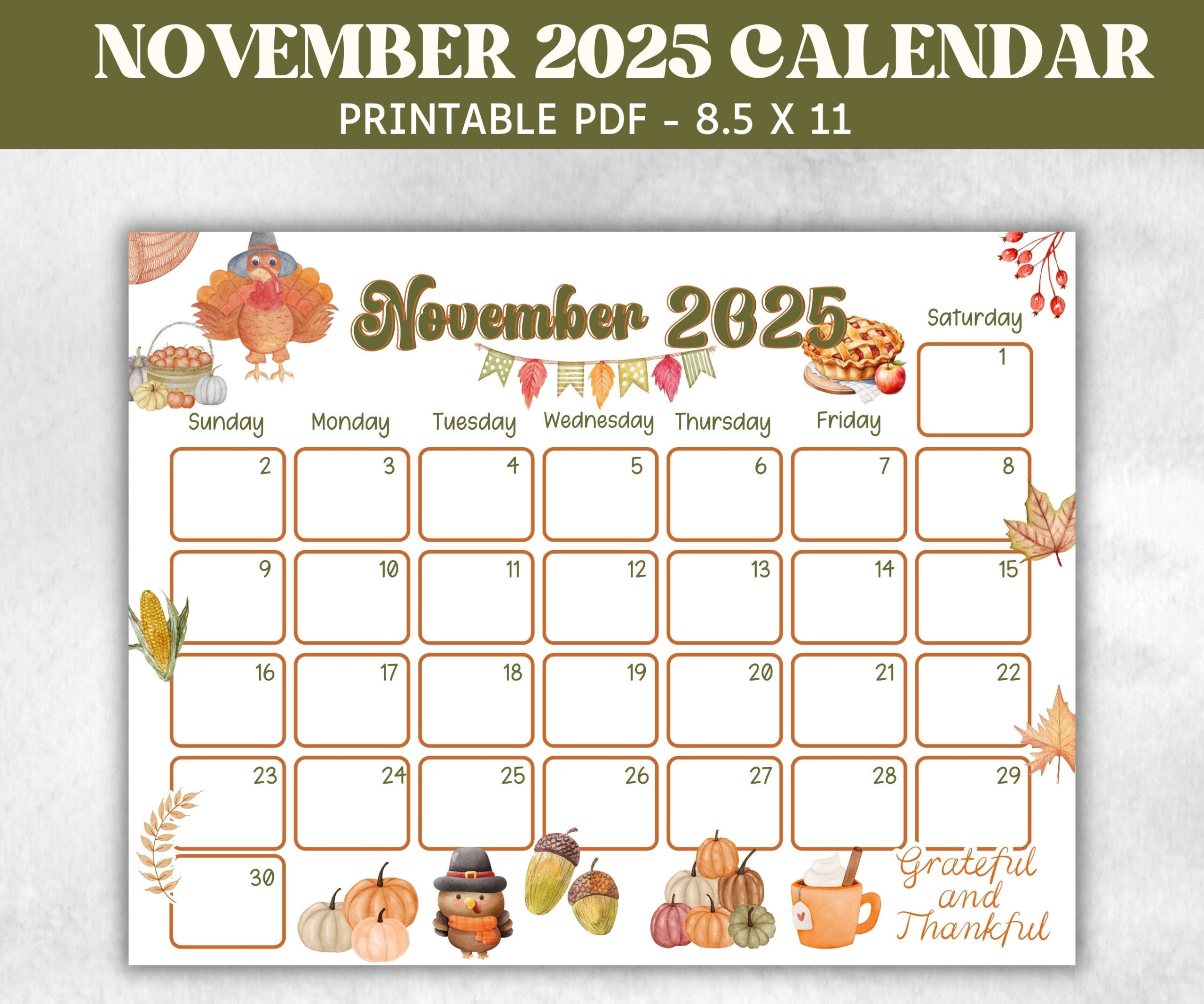 Kids November 2025 Calendar, Printable 2025 Calendar, Homeschool for November 2025 Calendar Thanksgiving Day
