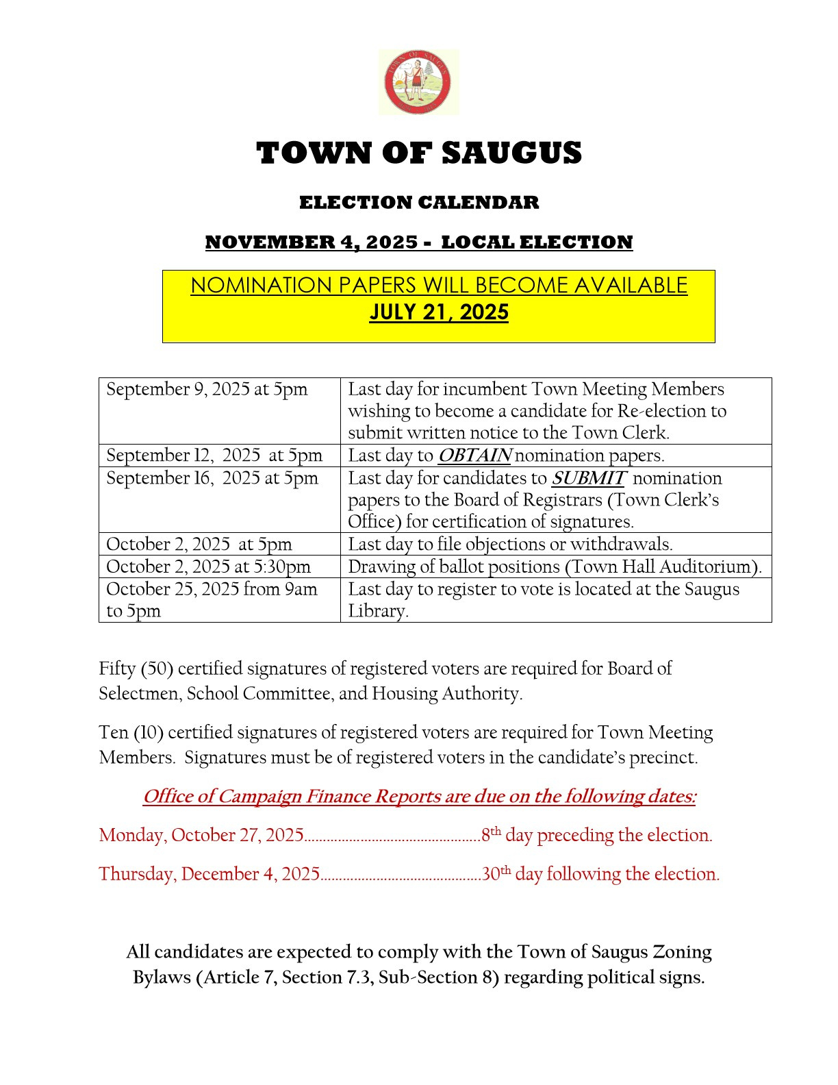 Local Election Calendar November 2025 | Town Of Saugus Ma in November 4 2025 Election Law Calendar