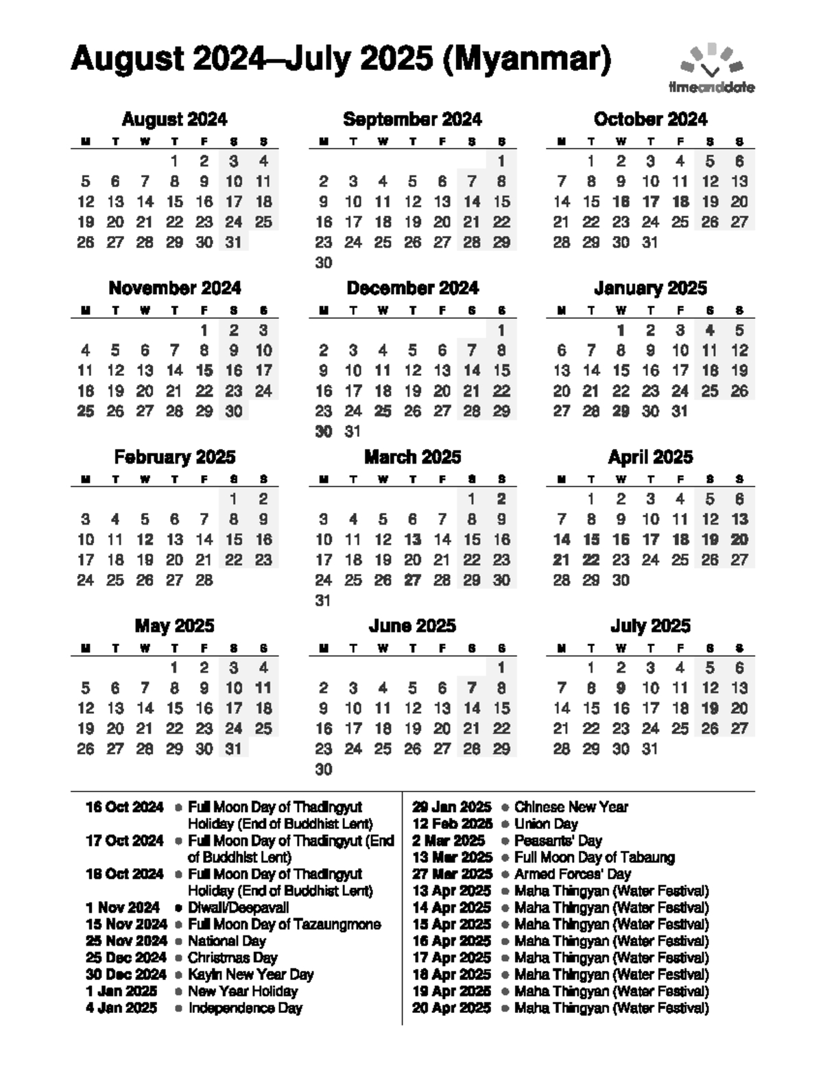 Myanmar Calendar Events And Holidays: Aug 2024 - Jul 2025 - Studocu inside Myanmar Calendar 2025 November