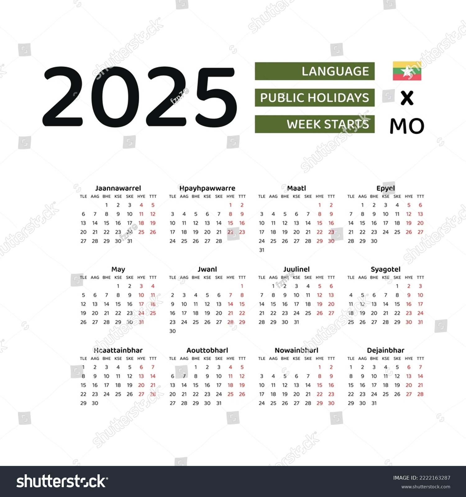 Myanmar Kalender 2025. Die Woche Beginnt: Stock-Vektorgrafik for Myanmar Calendar 2025 November